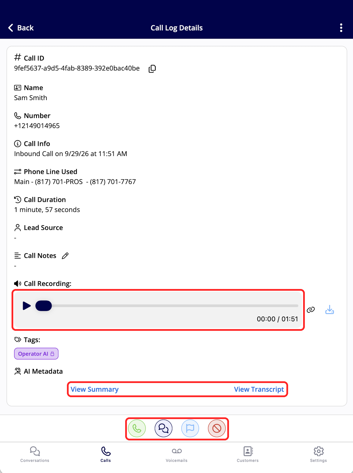 The Engage mobile Call Log Details screen showing call information, the call recording player, tags, and the AI Metadata links