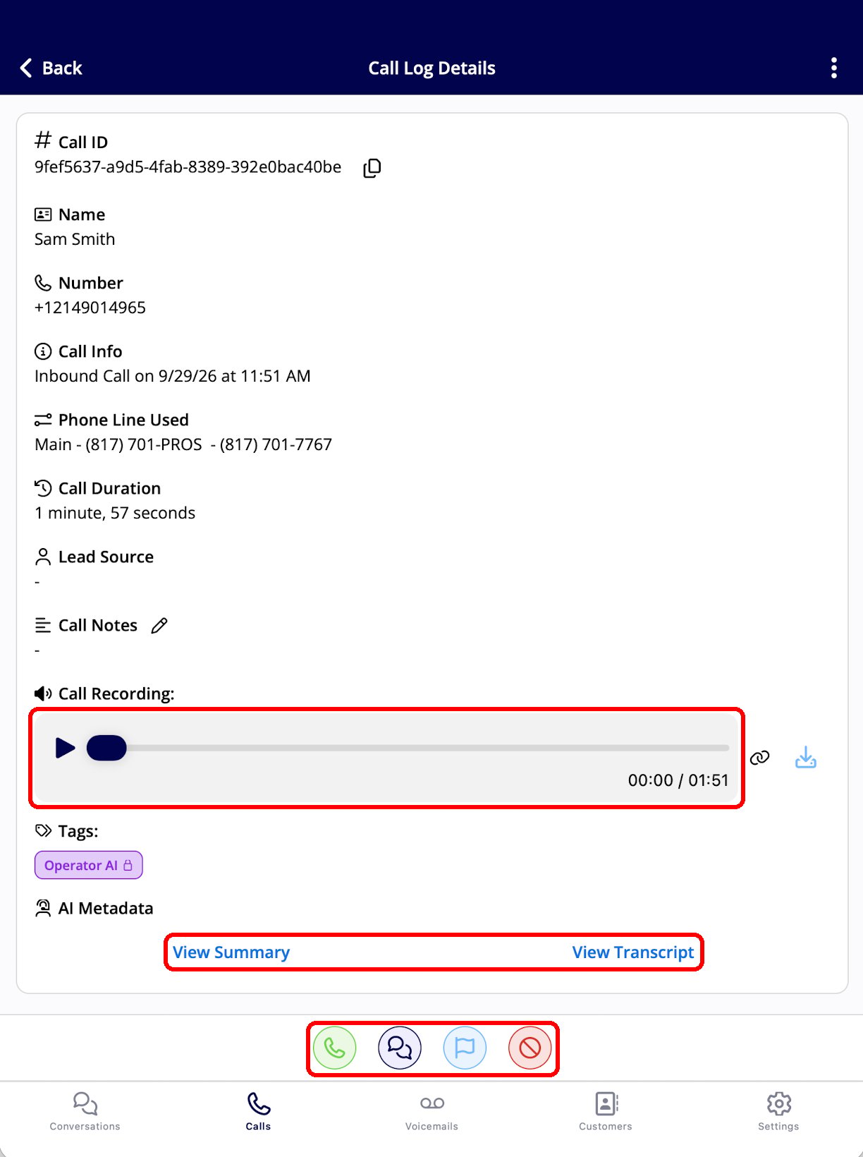 The Engage mobile Call Log Details screen showing call information, the call recording player, tags, and the AI Metadata links
