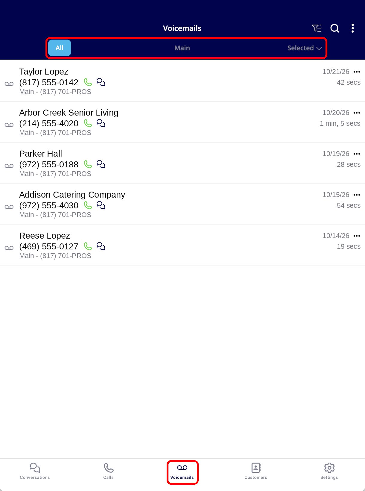 The Engage mobile Voicemails tab with the All, Main, and Selected options and a list of voicemails showing each caller, phone line, date, and length