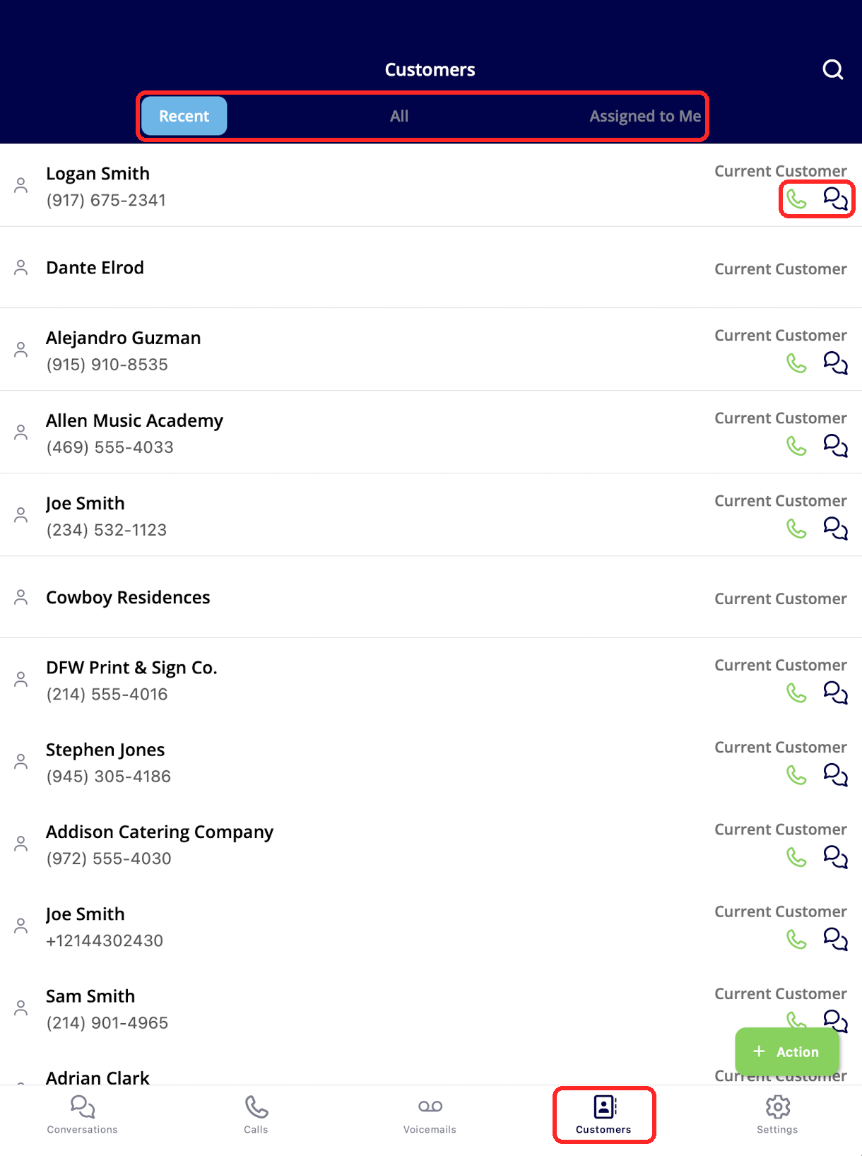 The Engage mobile Customers tab with the Recent, All, and Assigned to Me options and a list of customers with call and text icons