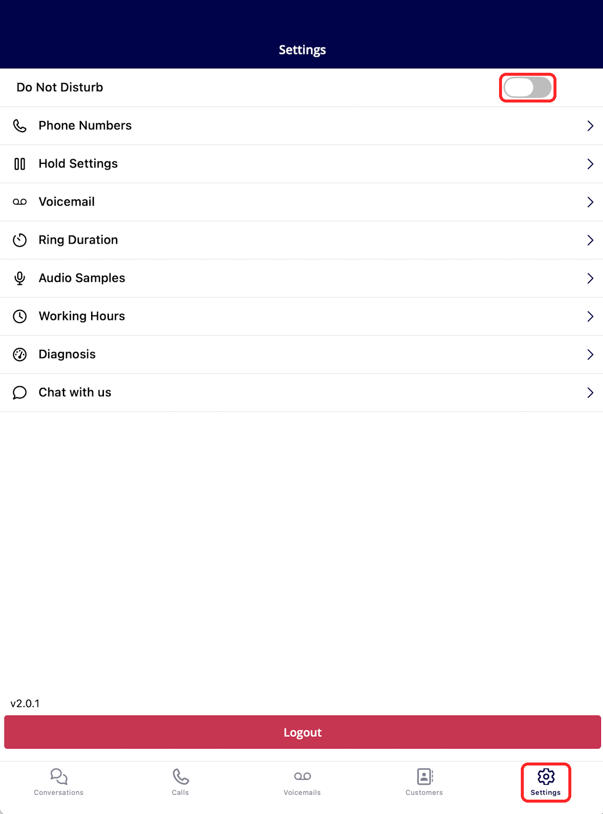 The Engage mobile Settings tab with Do Not Disturb, Phone Numbers, Hold Settings, Voicemail, Ring Duration, Audio Samples, Working Hours, Diagnosis, and Chat with us