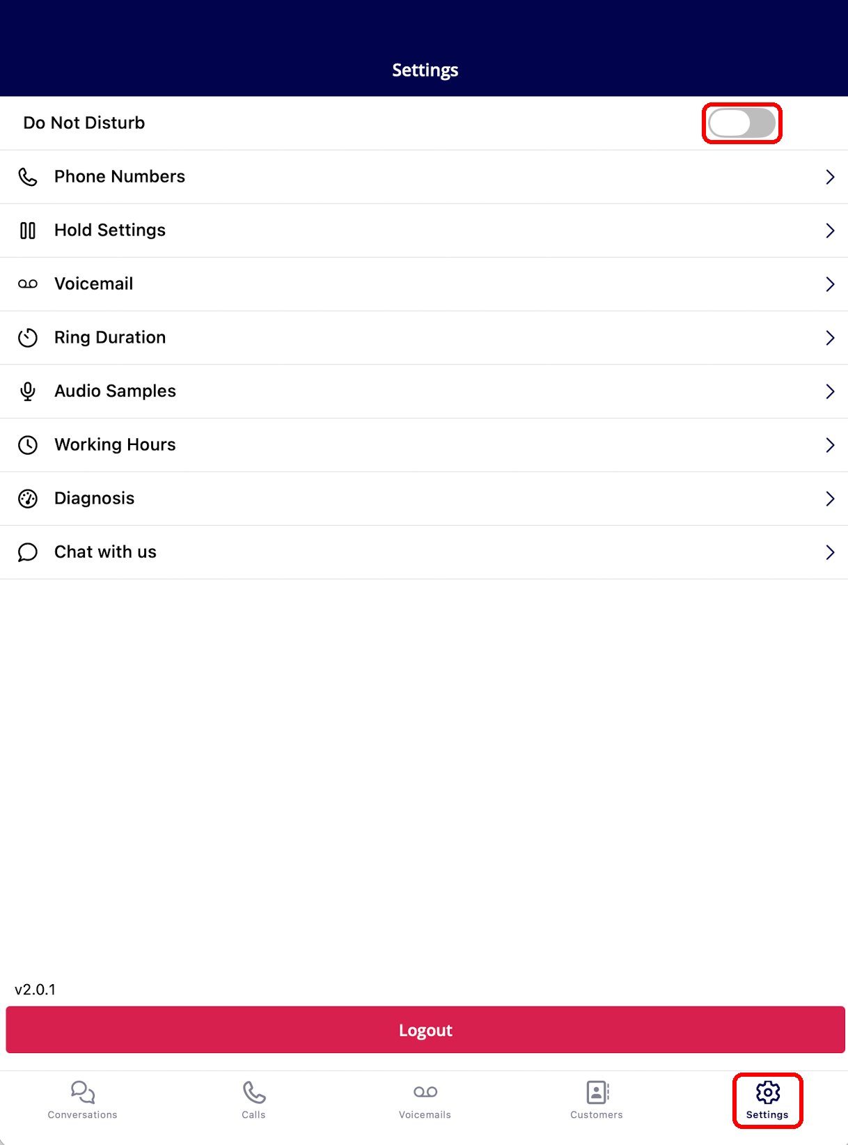 The Engage mobile Settings tab with Do Not Disturb, Phone Numbers, Hold Settings, Voicemail, Ring Duration, Audio Samples, Working Hours, Diagnosis, and Chat with us