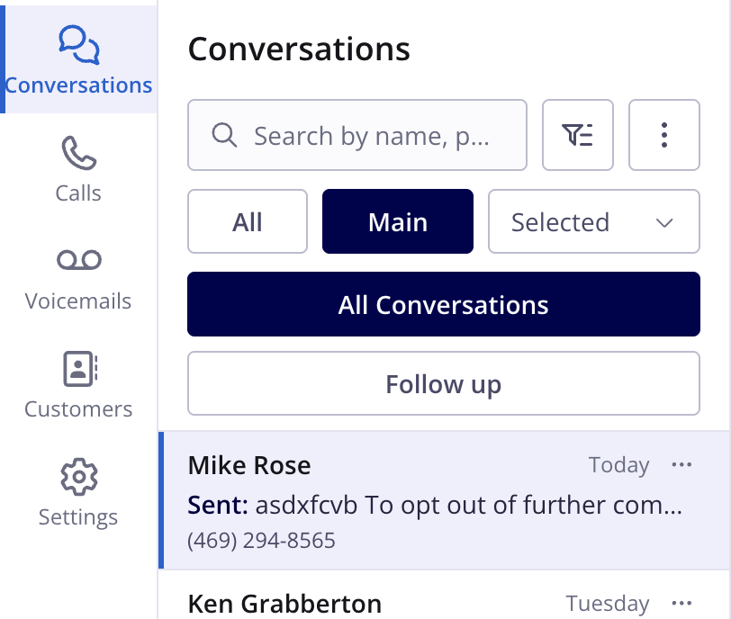 The Engage Conversations view with a search bar, All, Main, and Selected phone number filters, and All Conversations and Follow up tabs above the conversation list
