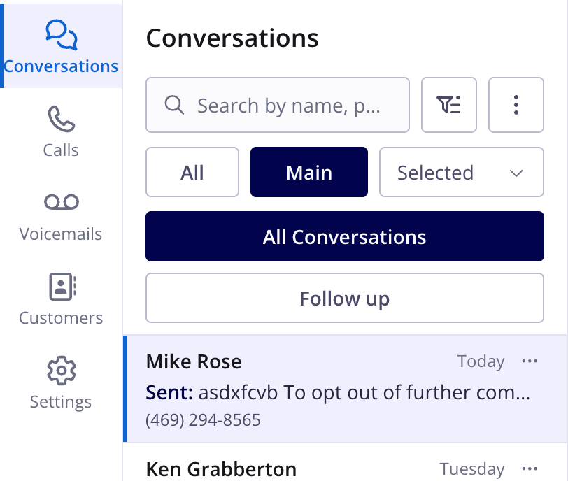 The Engage Conversations view with a search bar, All, Main, and Selected phone number filters, and All Conversations and Follow up tabs above the conversation list
