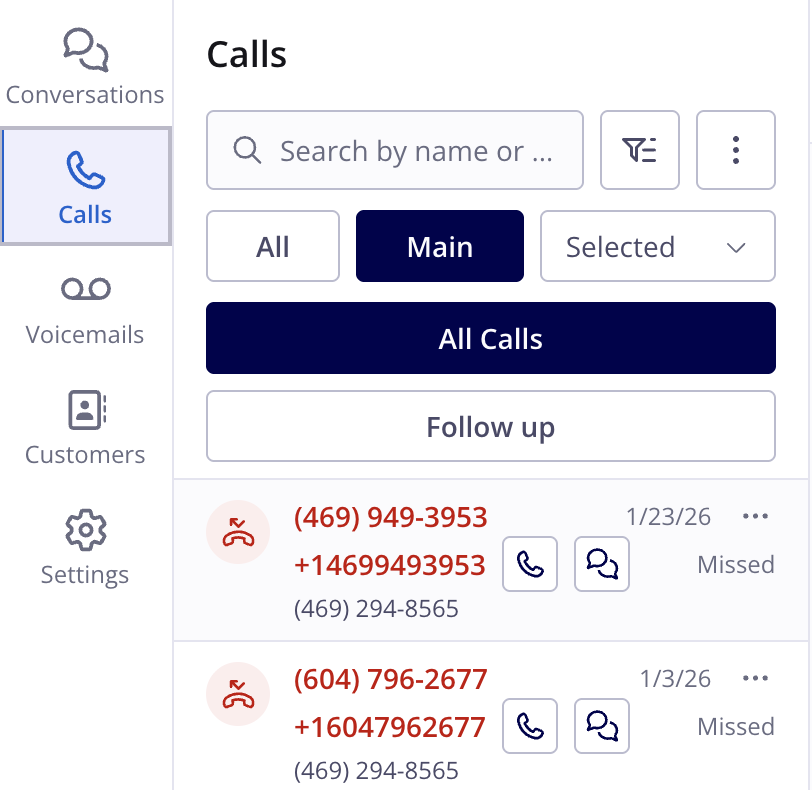 The Engage Calls view with a search bar, All, Main, and Selected phone number filters, and All Calls and Follow up tabs above a list of missed calls