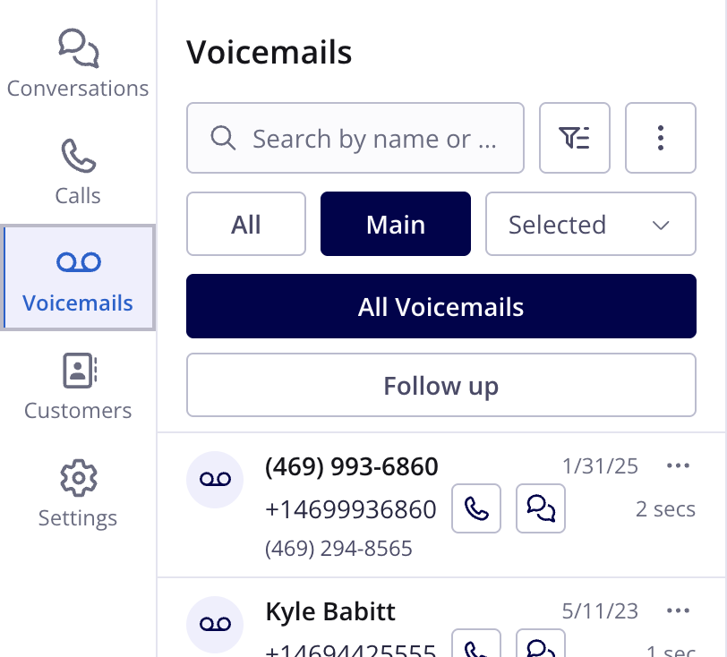 The Engage Voicemails view with a search bar, All, Main, and Selected phone number filters, and All Voicemails and Follow up tabs above the voicemail list