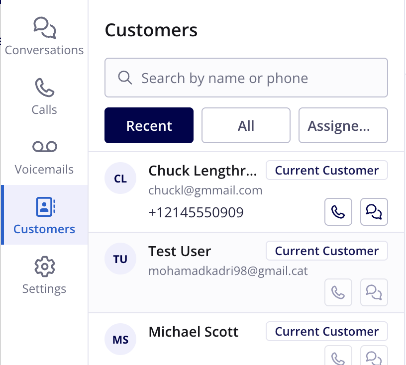 The Engage Customers view with a search bar, Recent, All, and Assigned to Me filters, and a customer list with Current Customer badges
