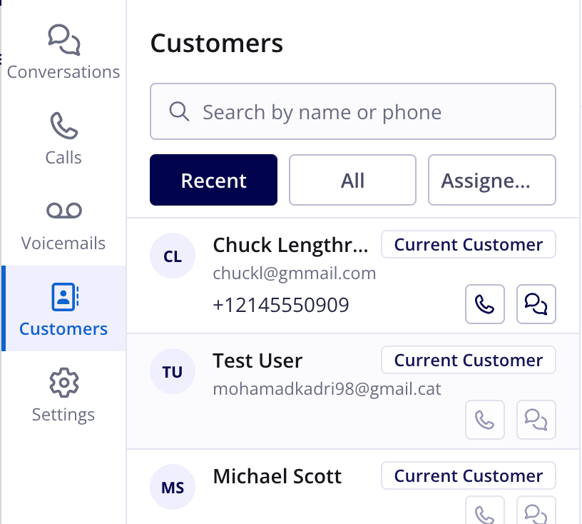 The Engage Customers view with a search bar, Recent, All, and Assigned to Me filters, and a customer list with Current Customer badges