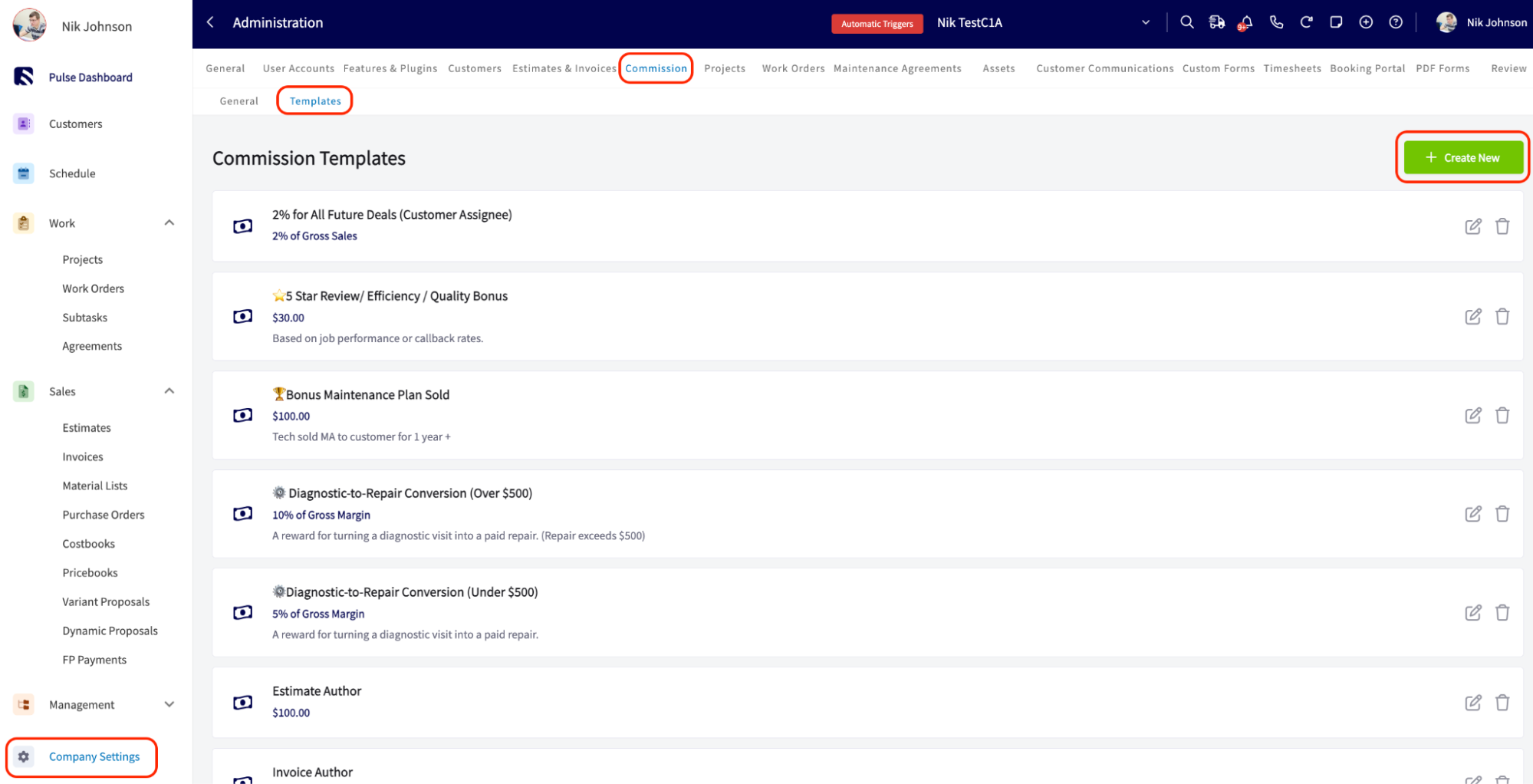 Commission Templates list under the Templates tab in Company Settings with the Create New button