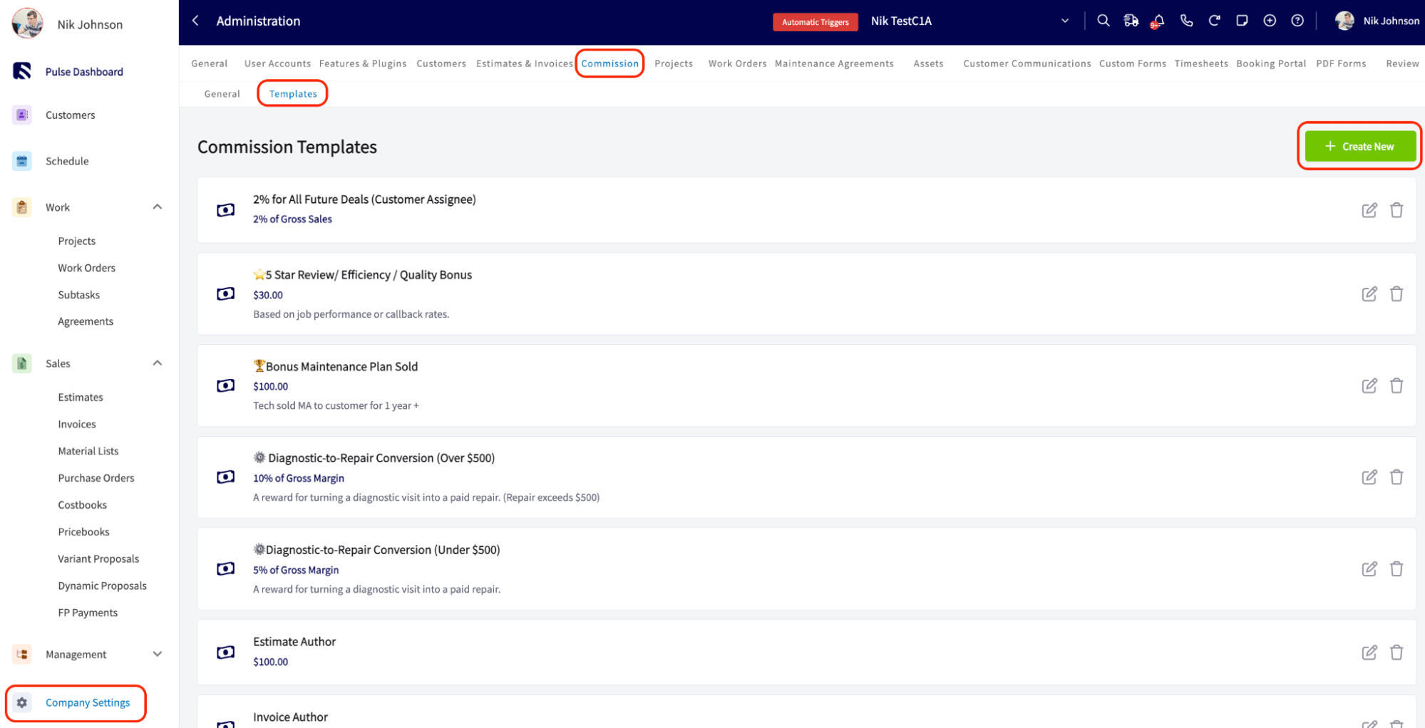 Commission Templates list under the Templates tab in Company Settings with the Create New button