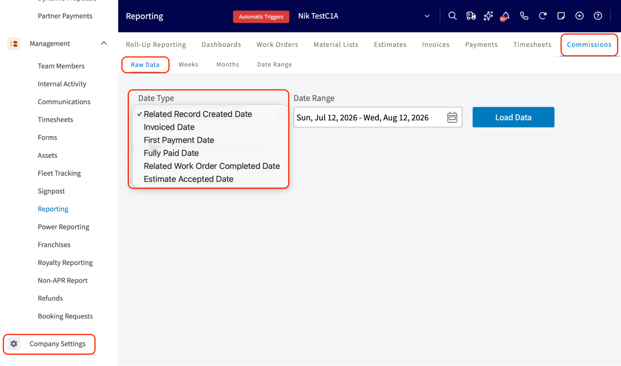 Commission Reports Date Type dropdown open on the Commissions Raw Data tab showing all six date options