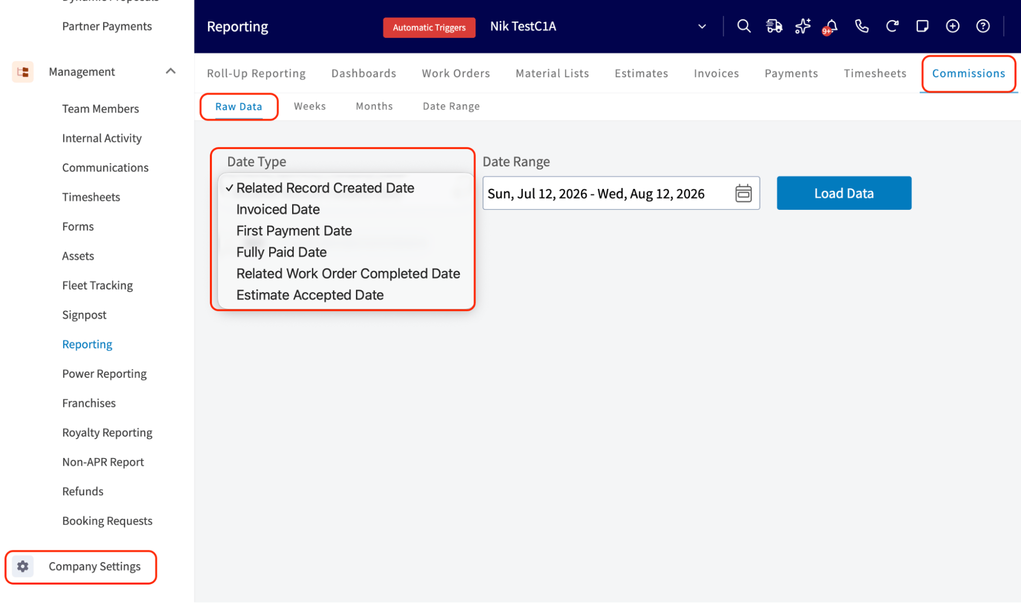 Commission Reports Date Type dropdown open on the Commissions Raw Data tab showing all six date options