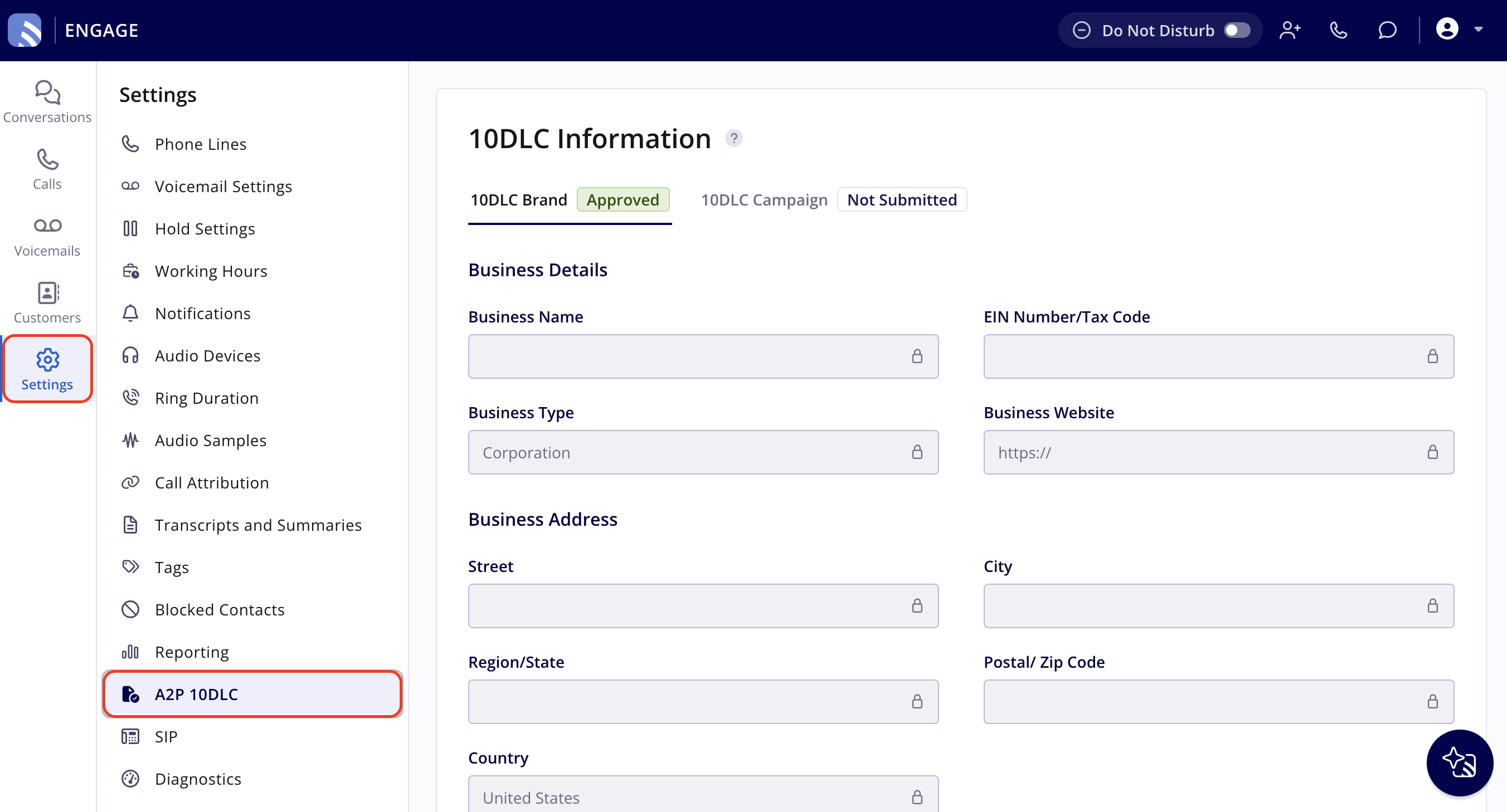 Engage with Settings highlighted in the left navigation bar and A2P 10DLC highlighted in the Settings list, opening the 10DLC Information page with the 10DLC Brand and 10DLC Campaign tabs and their statuses