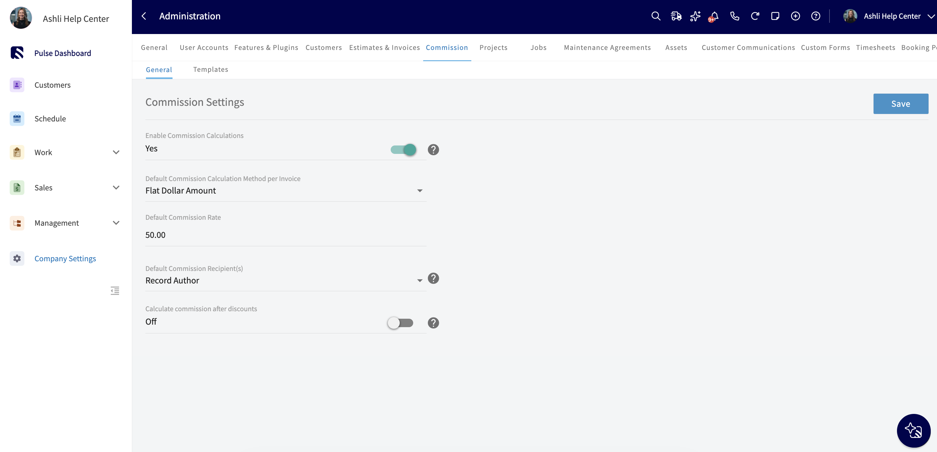 Commission Settings General tab in Company Settings showing Enable Commission Calculations, Default Commission Calculation Method per Invoice, Default Commission Rate, Default Commission Recipient(s), and the Calculate commission after discounts toggle