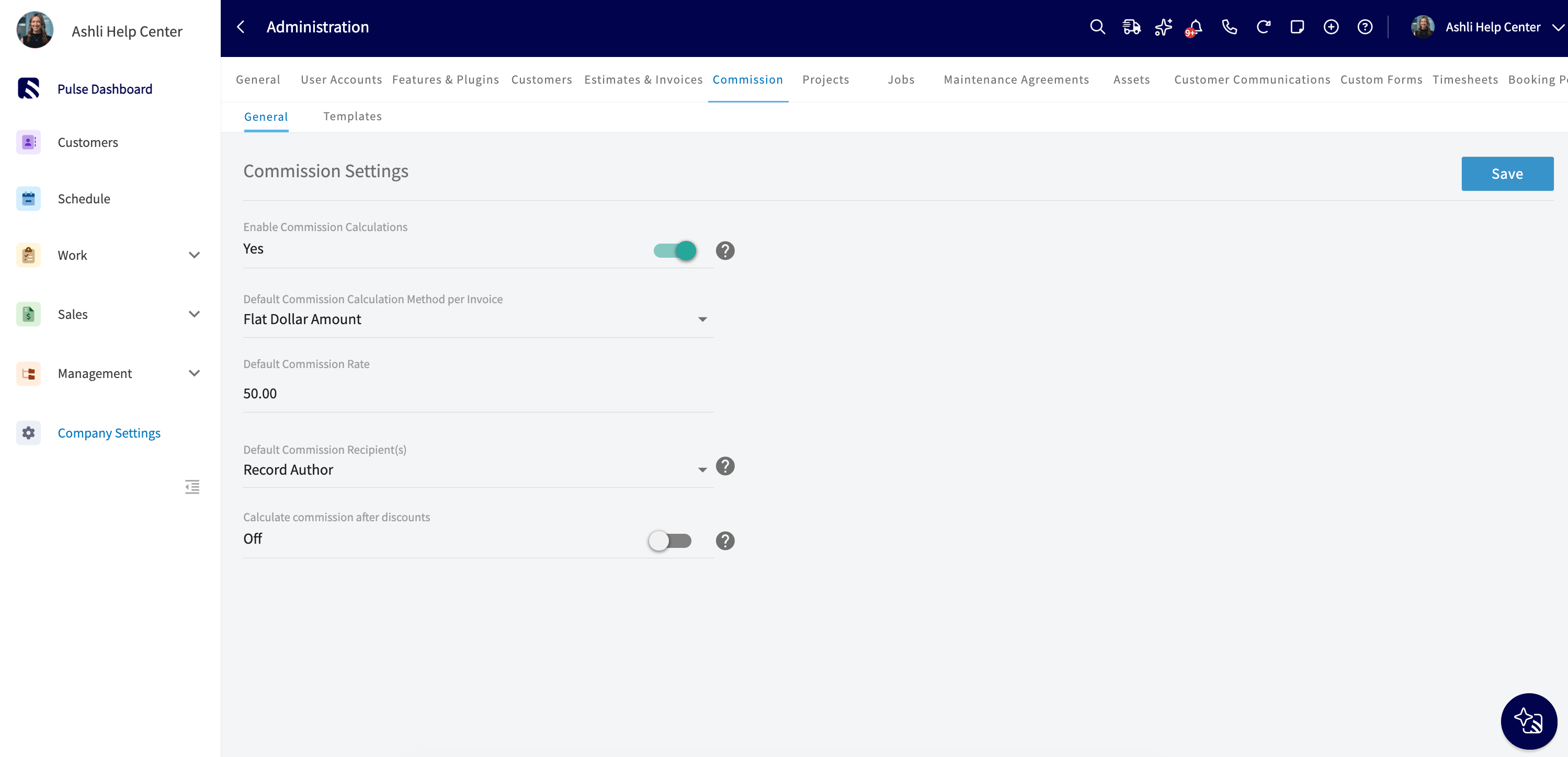 Commission Settings General tab in Company Settings showing Enable Commission Calculations, Default Commission Calculation Method per Invoice, Default Commission Rate, Default Commission Recipient(s), and the Calculate commission after discounts toggle