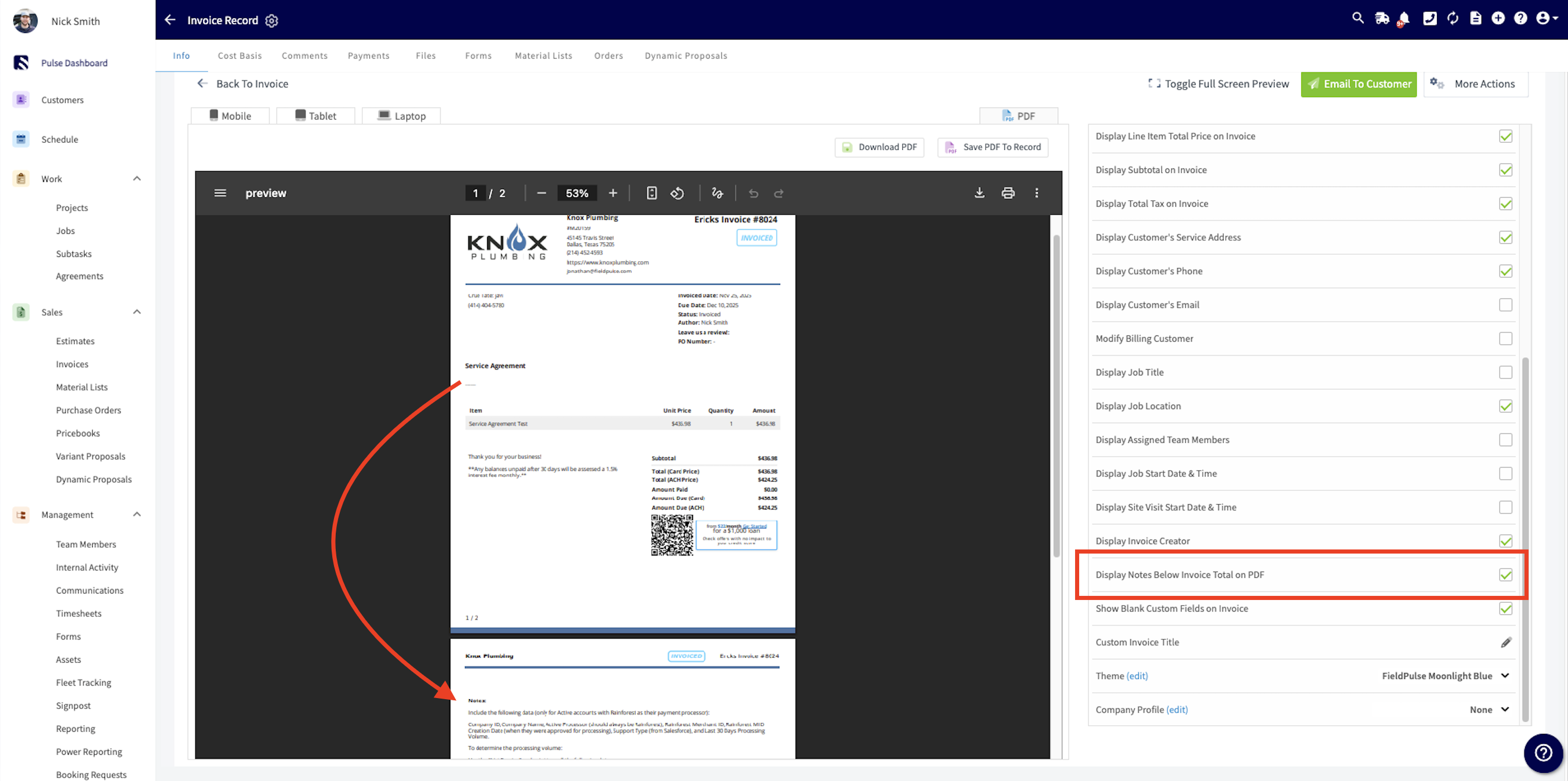 Estimate and invoice settings with Display Notes Below Invoice Total checkbox
