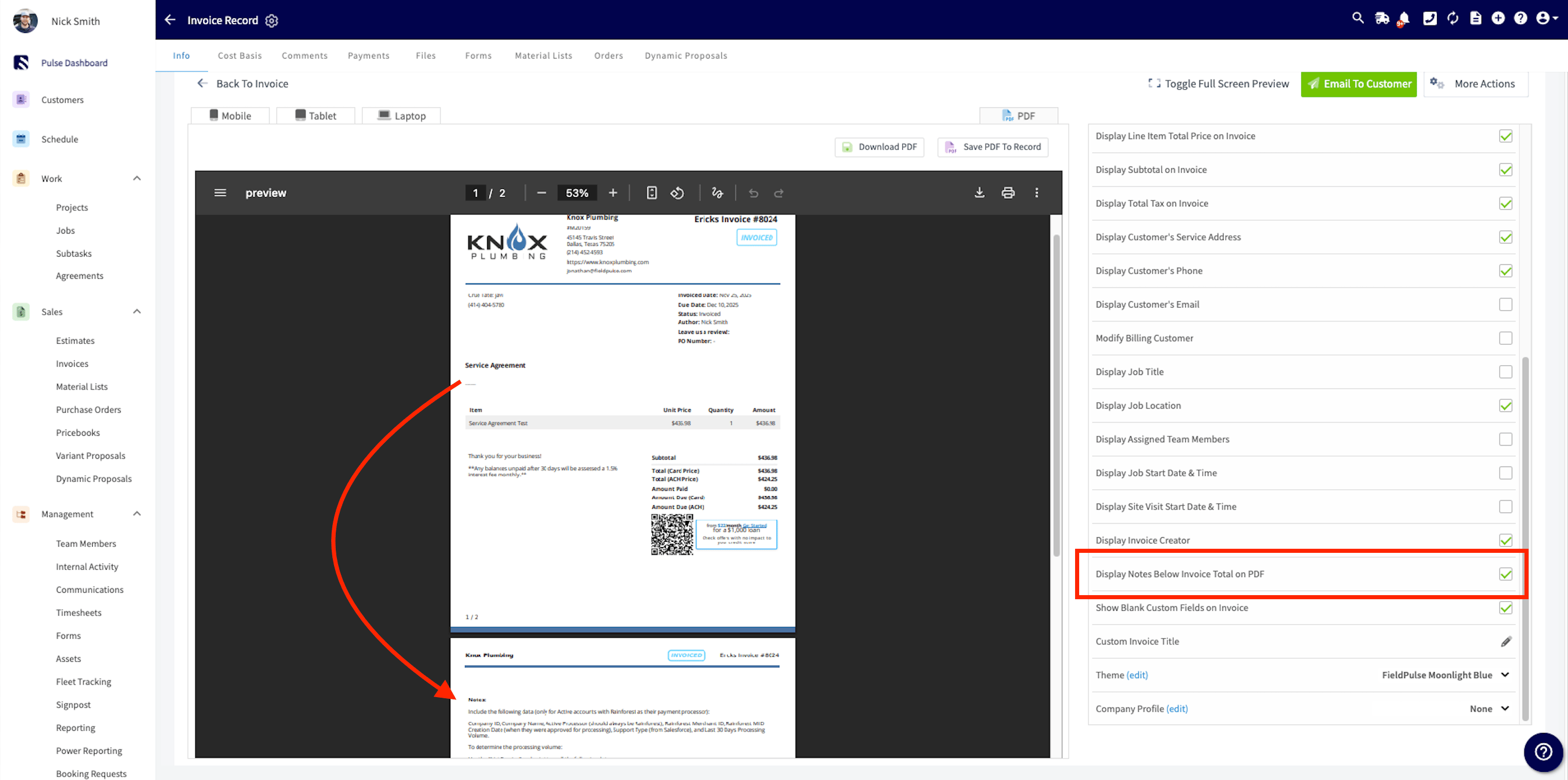 Estimate and invoice settings with Display Notes Below Invoice Total checkbox