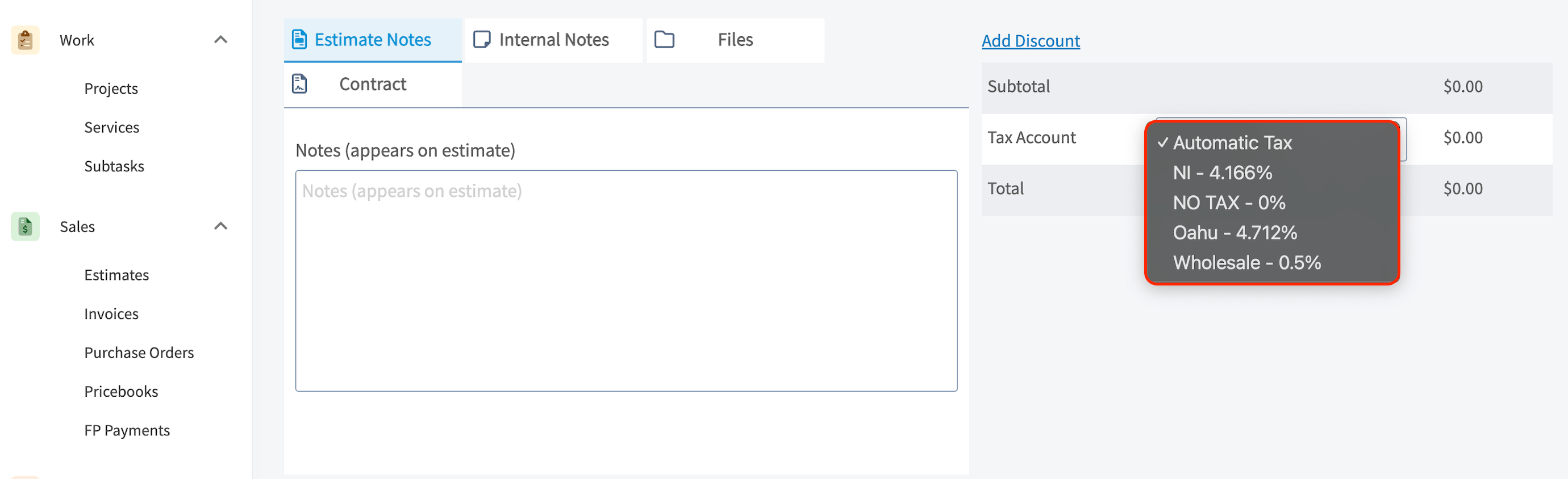 Custom QBO tax rate selected with Tax Override enabled