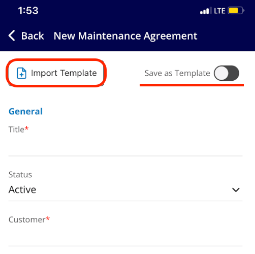 Maintenance Agreements list with sort tabs on the mobile app