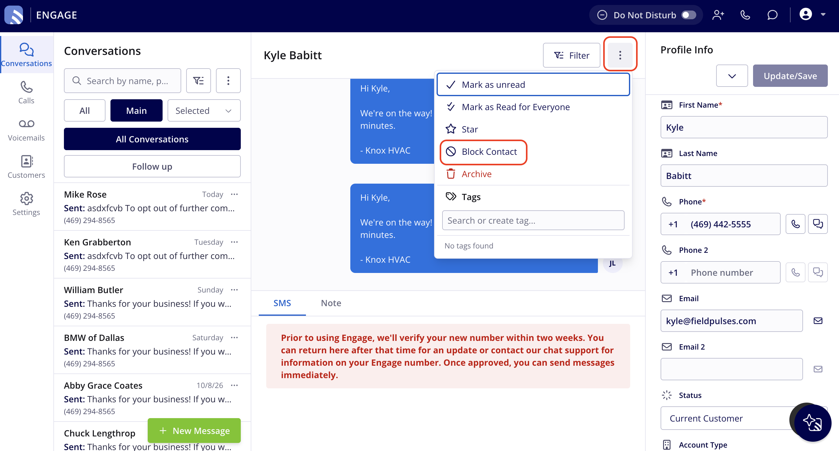 Three-dot menu open at the top right of an Engage conversation with the Block Contact option highlighted