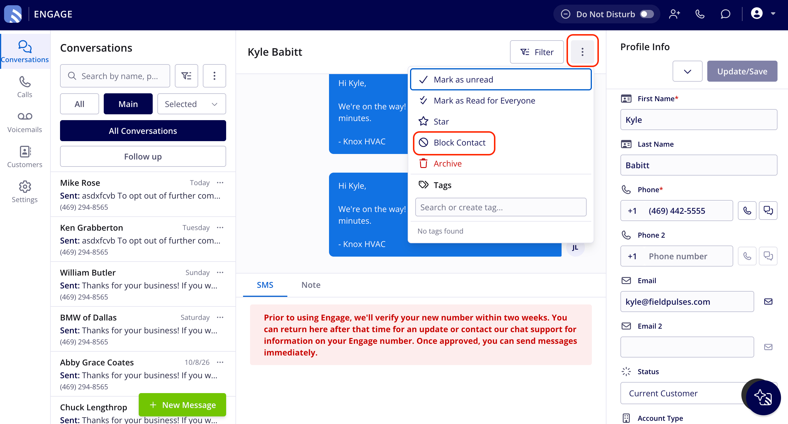 Three-dot menu open at the top right of an Engage conversation with the Block Contact option highlighted