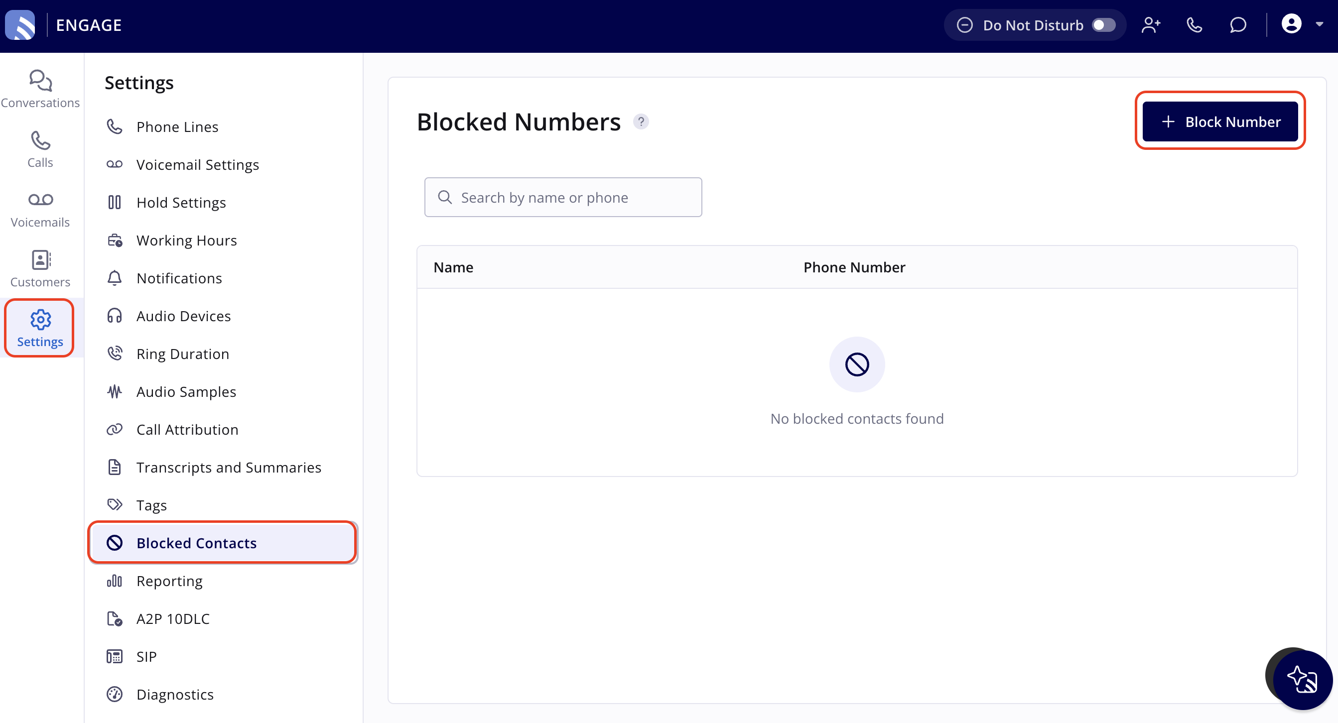 Blocked Numbers page in Engage, opened from Settings in the left navigation bar and Blocked Contacts, with the Block Number button highlighted