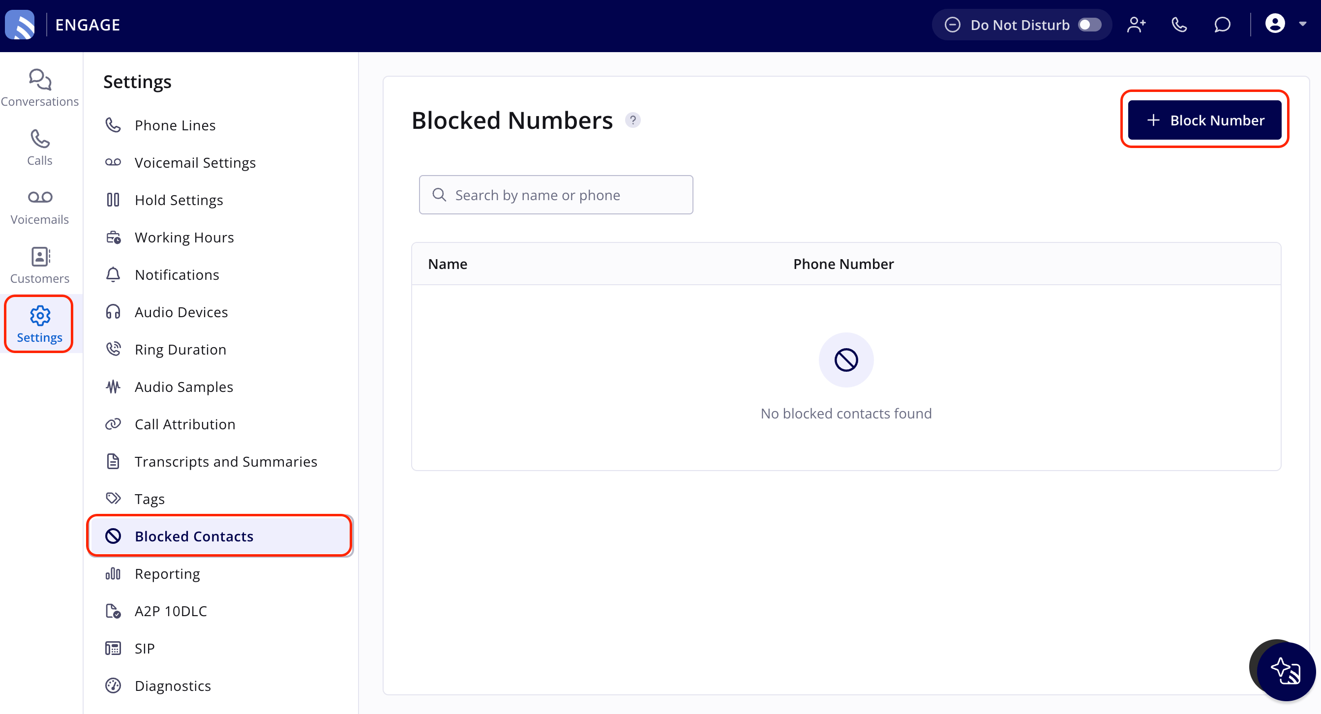 Blocked Numbers page in Engage, opened from Settings in the left navigation bar and Blocked Contacts, with the Block Number button highlighted