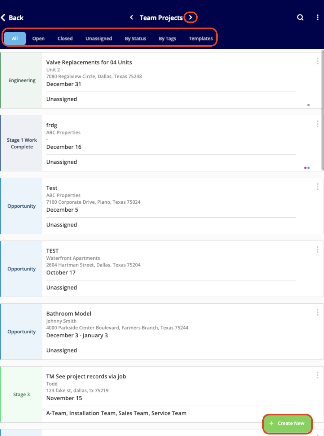 Projects list with All, Open, Closed sort tabs on the mobile app
