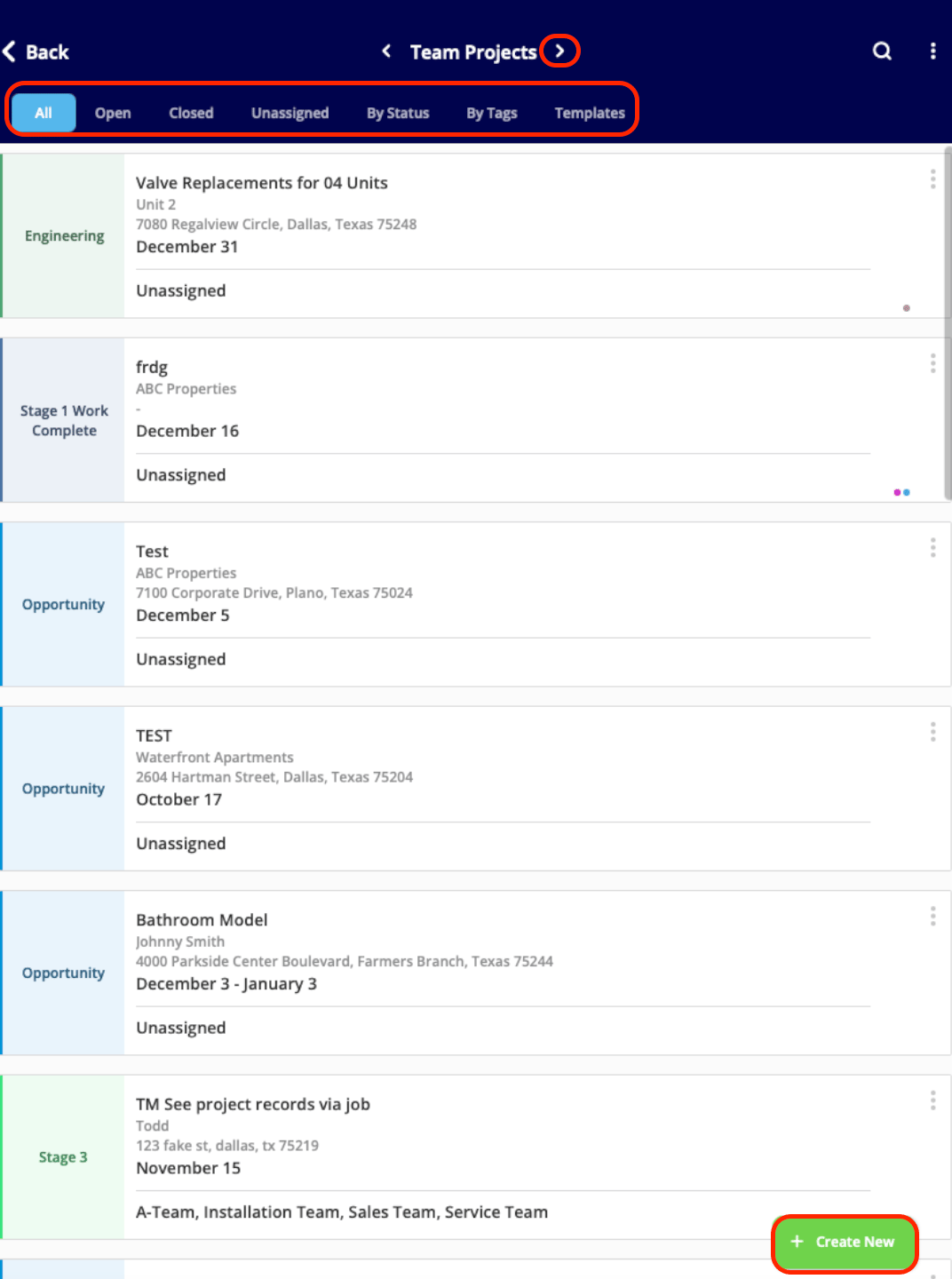 Projects list with All, Open, Closed sort tabs on the mobile app