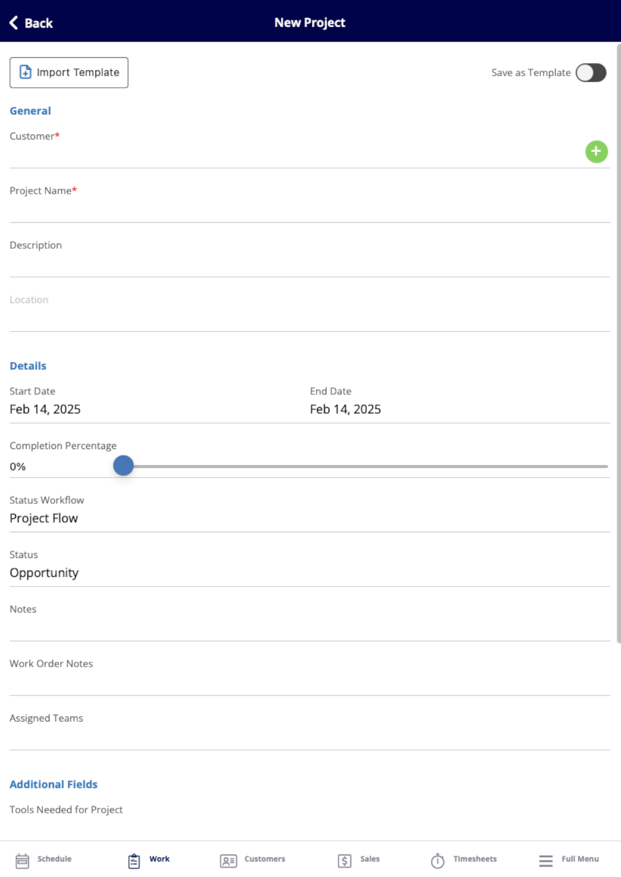 Mobile project form for filling in new project details