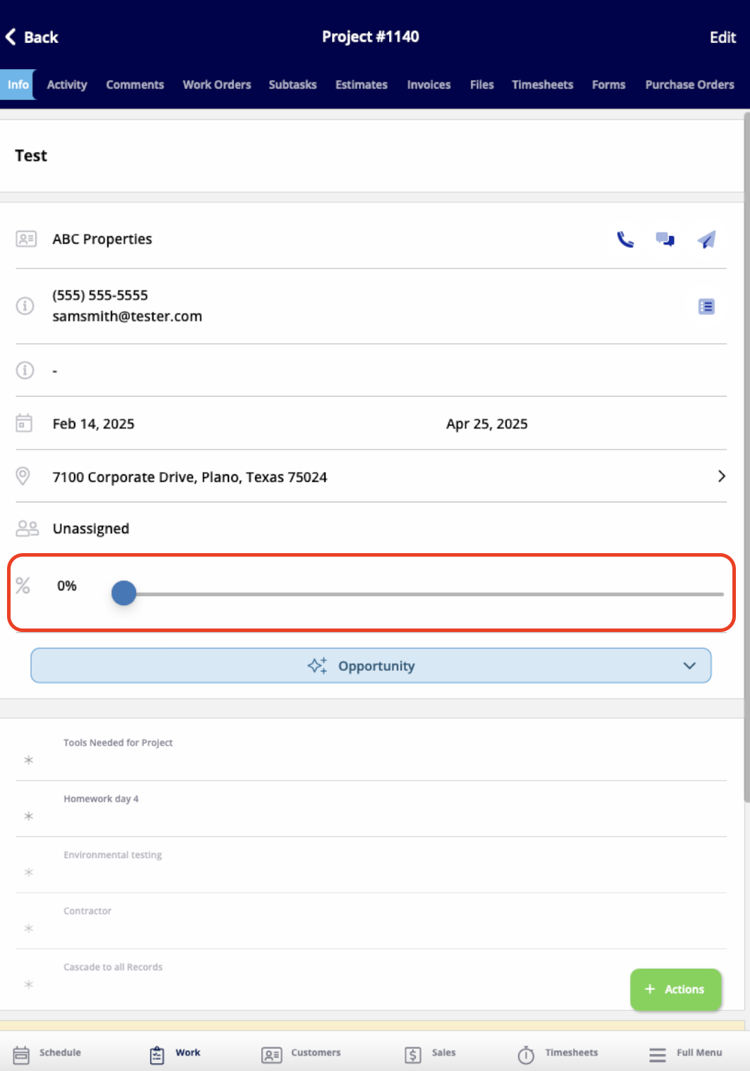 Saved project record showing status and progress on the mobile app