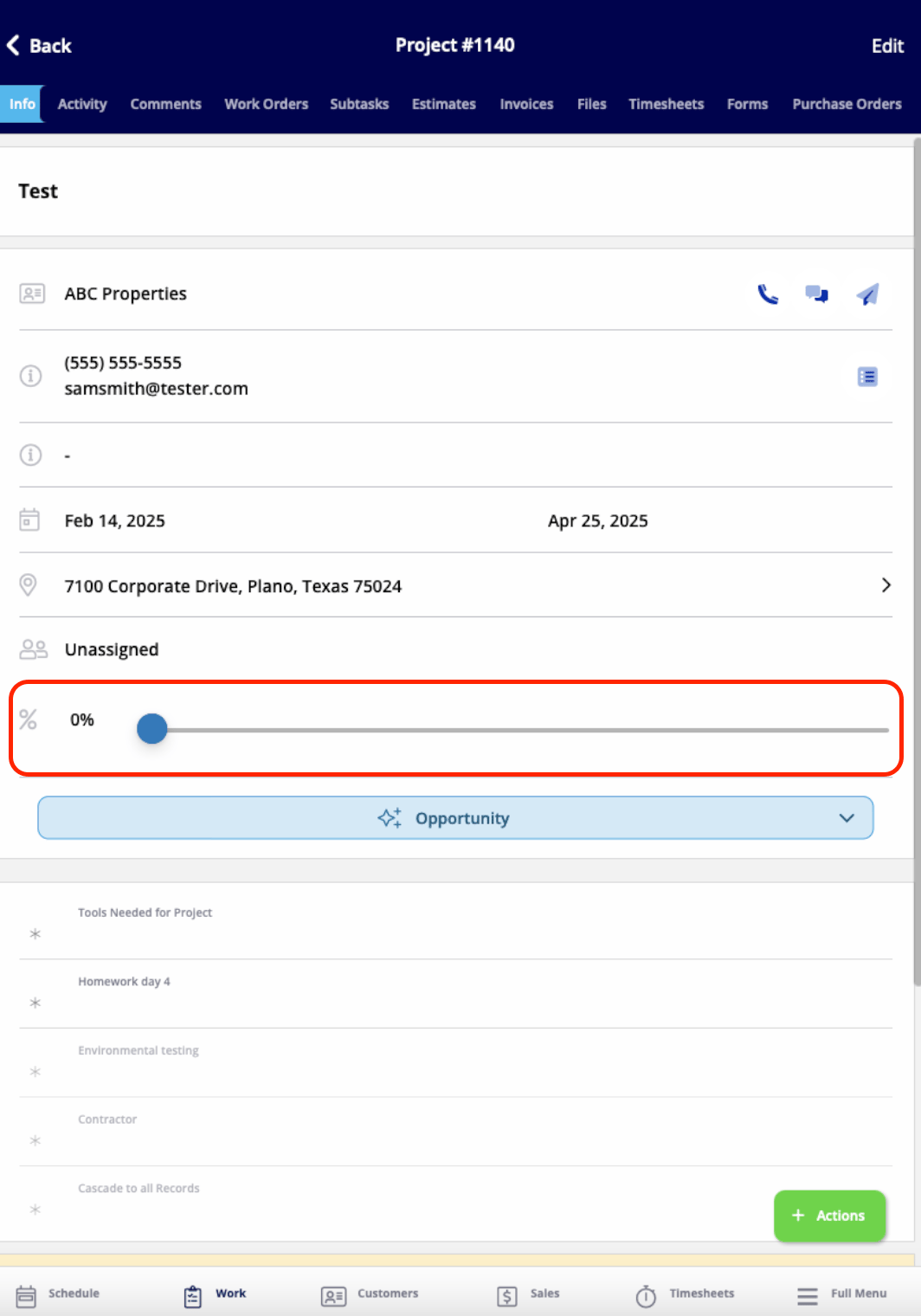 Saved project record showing status and progress on the mobile app