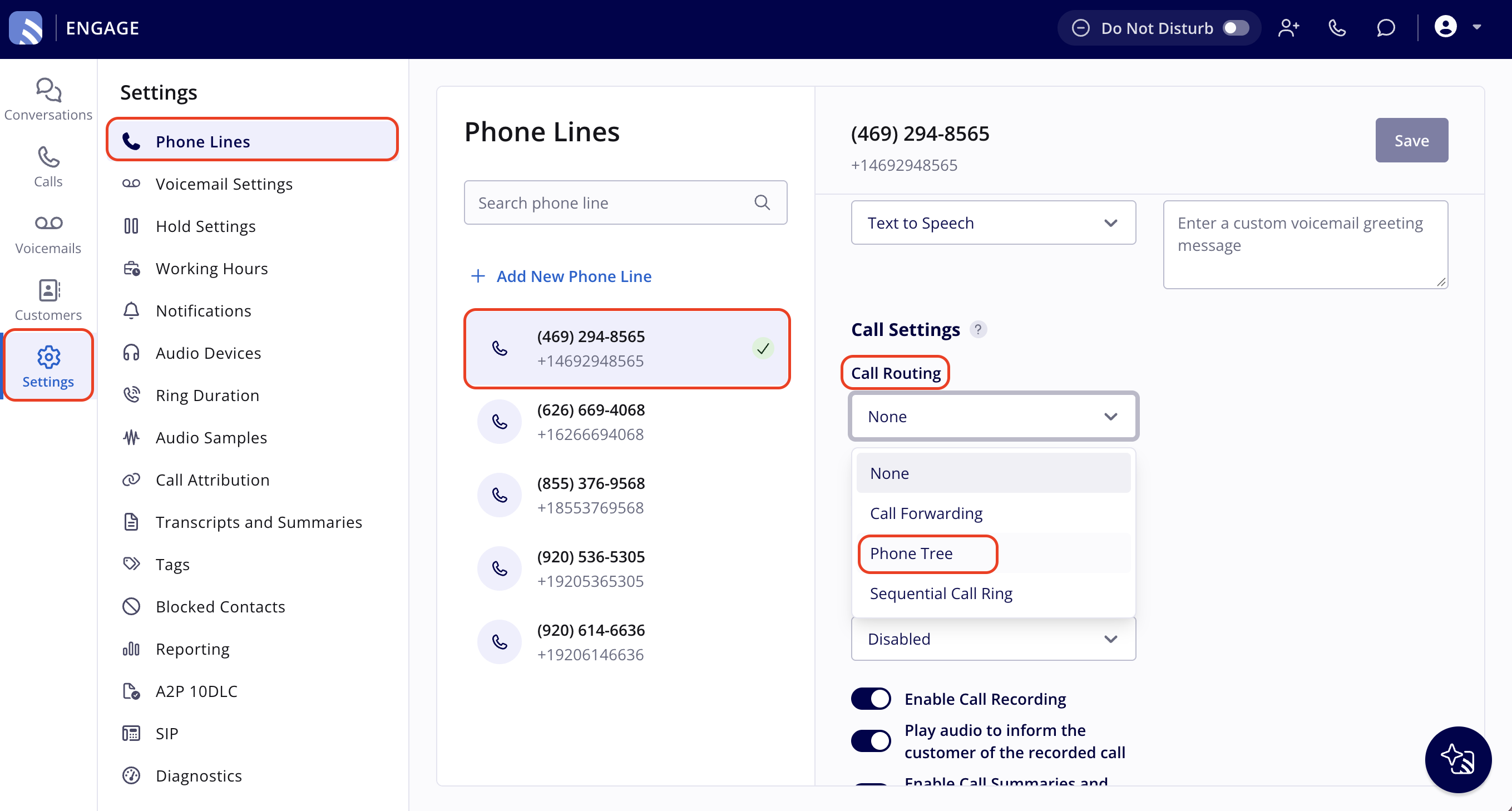 Engage Settings in the left navigation with Phone Lines and a phone line selected, and the Call Routing dropdown open with Phone Tree highlighted