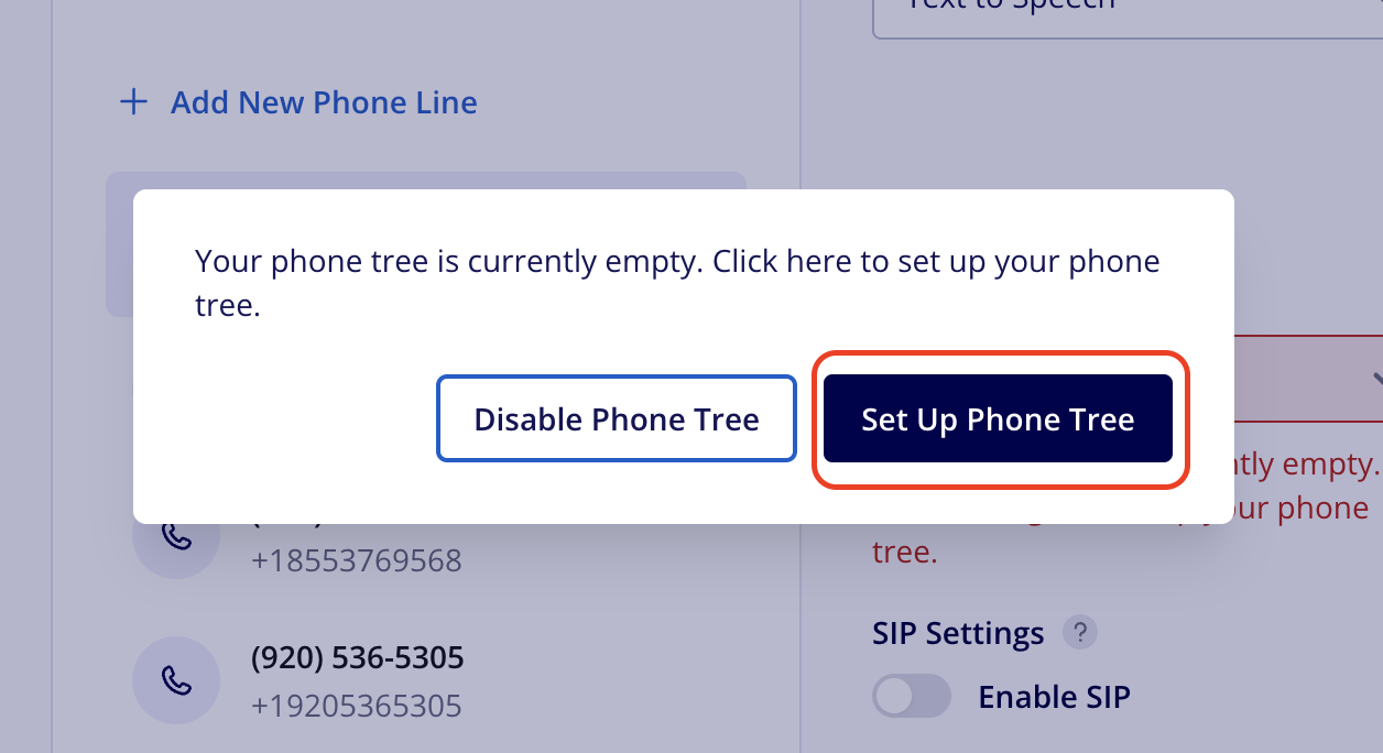 Prompt stating the phone tree is currently empty, with the Set Up Phone Tree button highlighted next to Disable Phone Tree