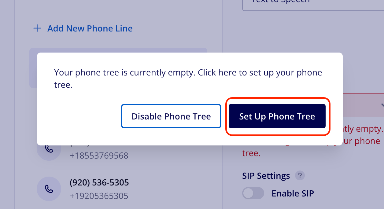 Prompt stating the phone tree is currently empty, with the Set Up Phone Tree button highlighted next to Disable Phone Tree