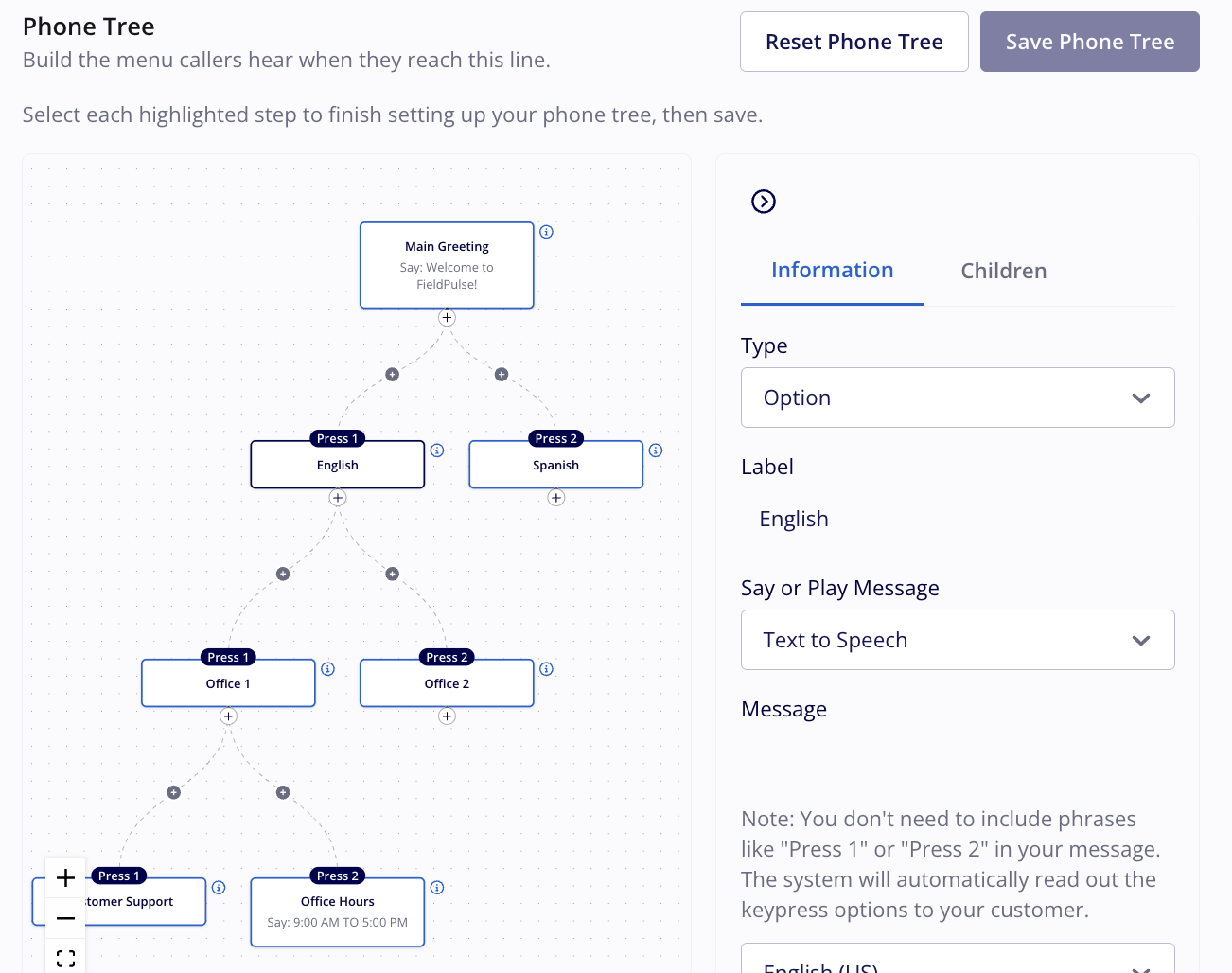 Information tab in the phone tree builder with the Type, Label, Say or Play Message, and Message fields beside the phone tree diagram