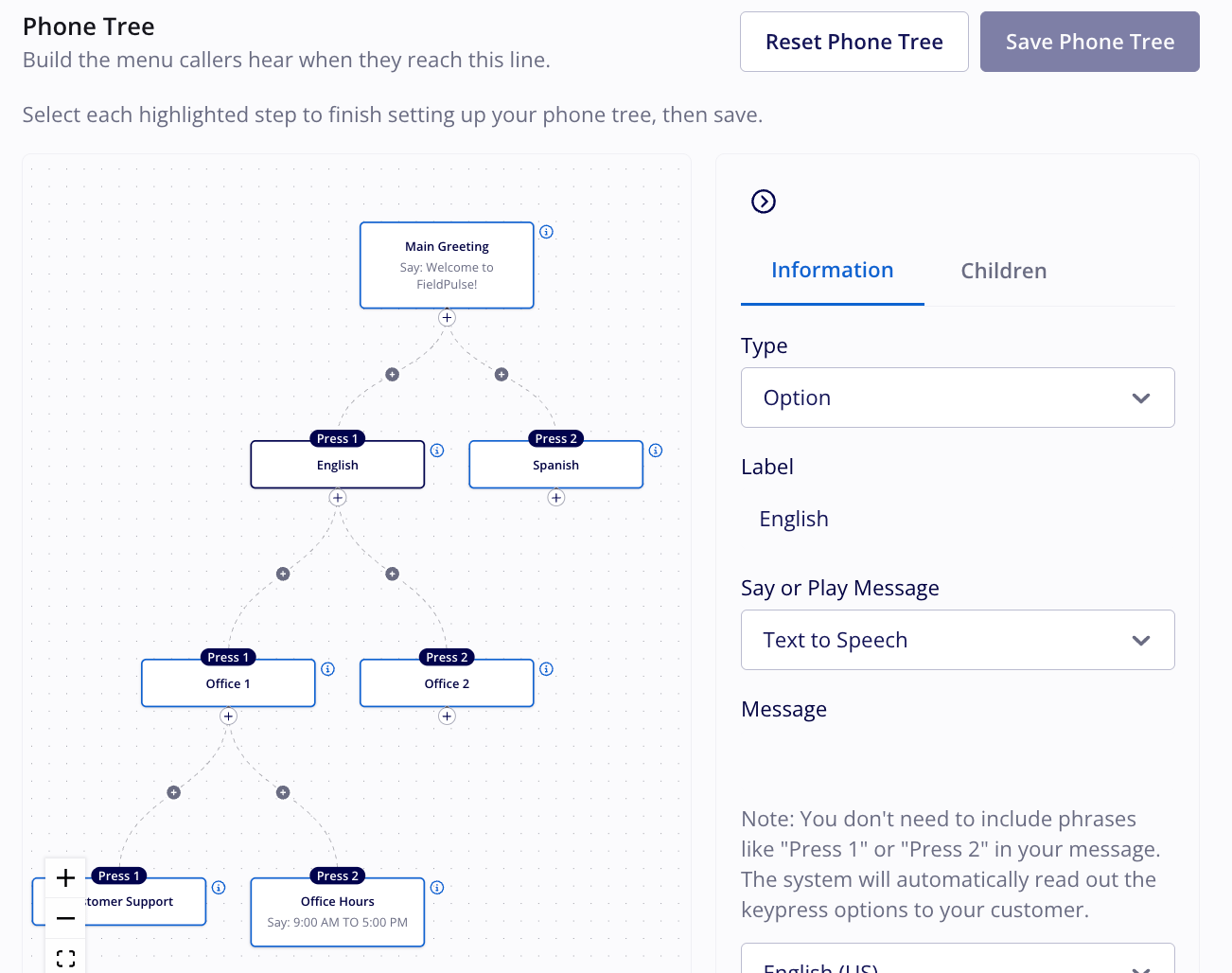 Information tab in the phone tree builder with the Type, Label, Say or Play Message, and Message fields beside the phone tree diagram