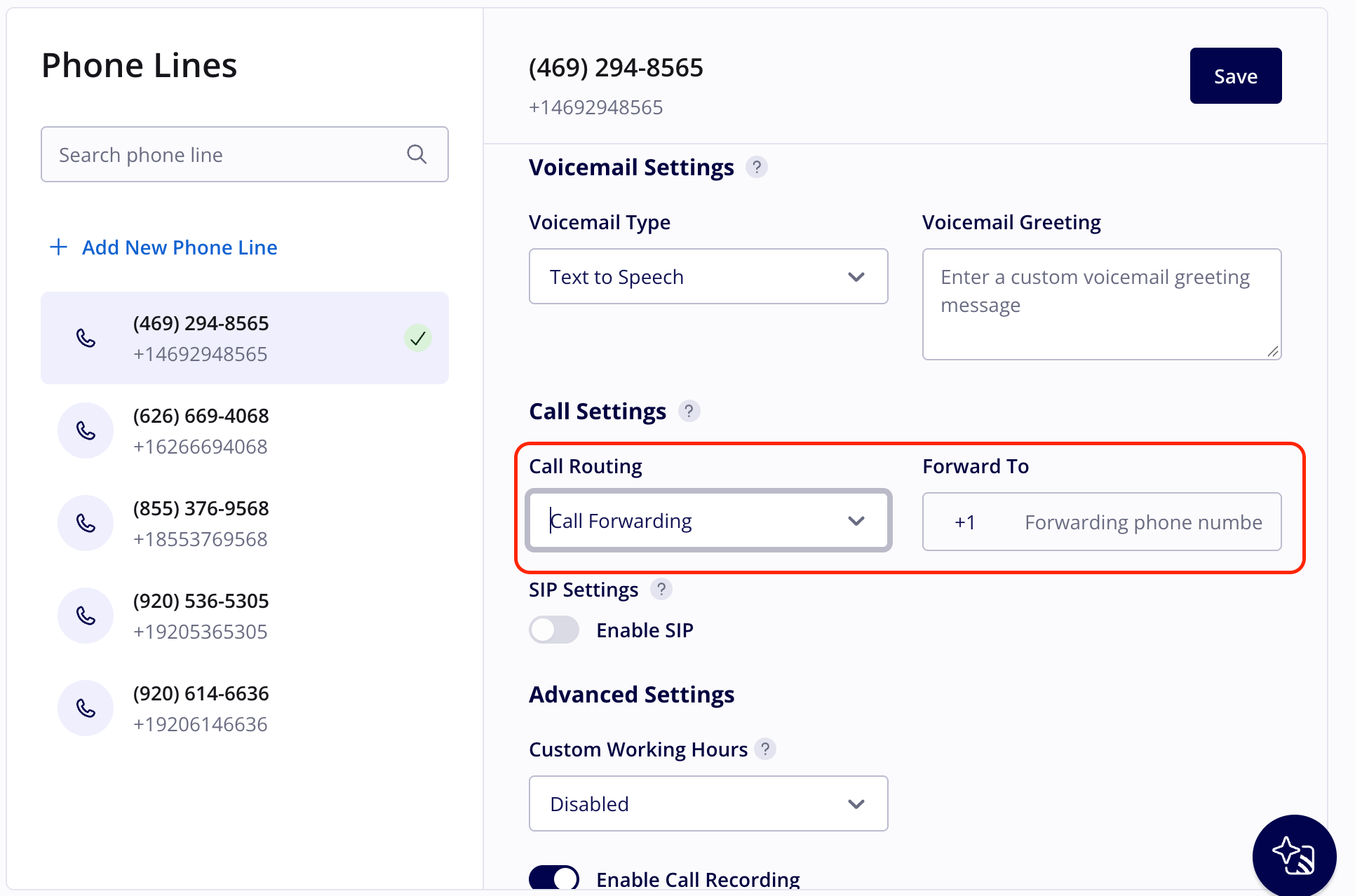 Phone line settings with the Call Routing dropdown set to Call Forwarding and the Forward To phone number field beside it