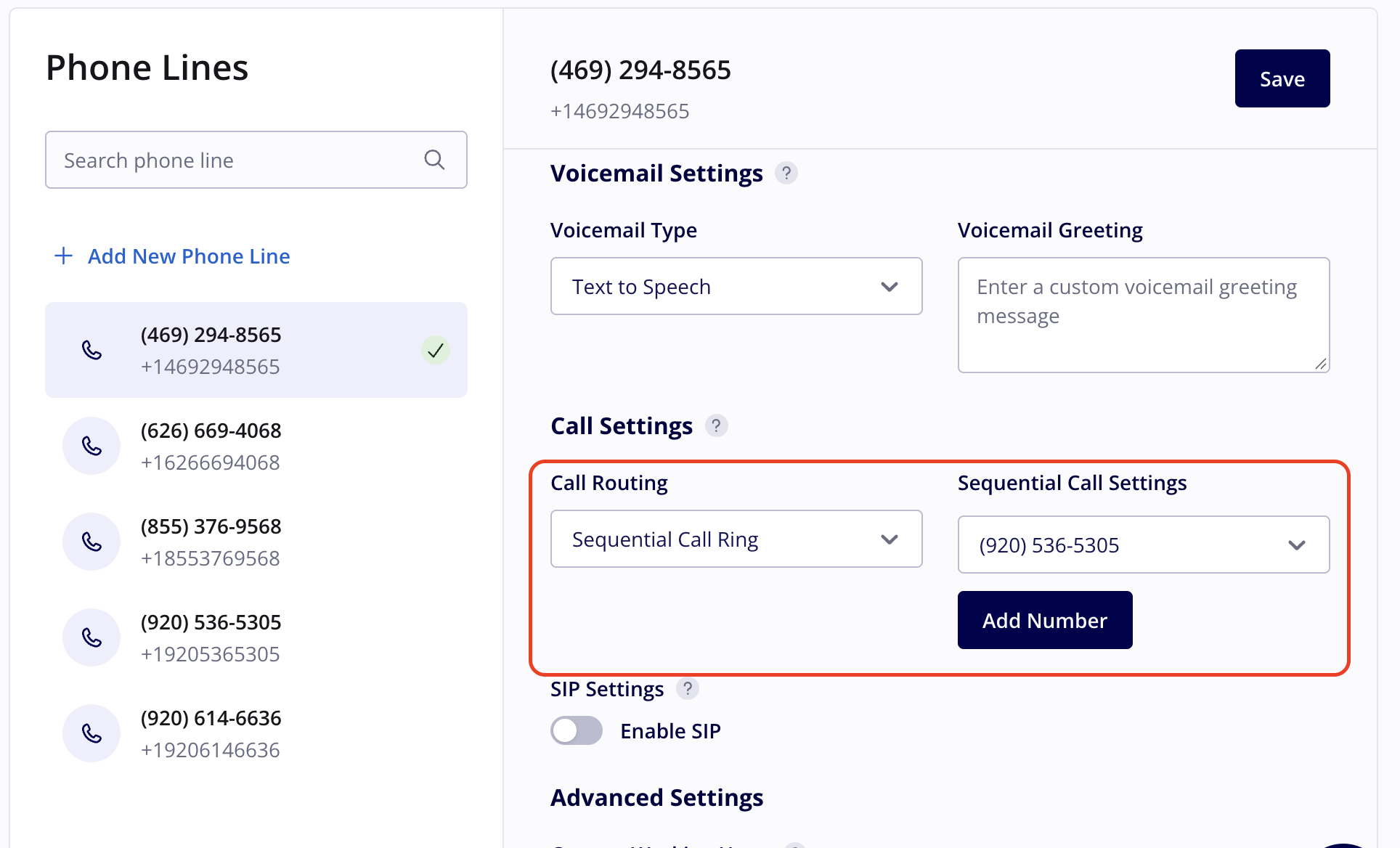 Phone line settings with the Call Routing dropdown set to Sequential Call Ring, the Sequential Call Settings dropdown, and the Add Number button