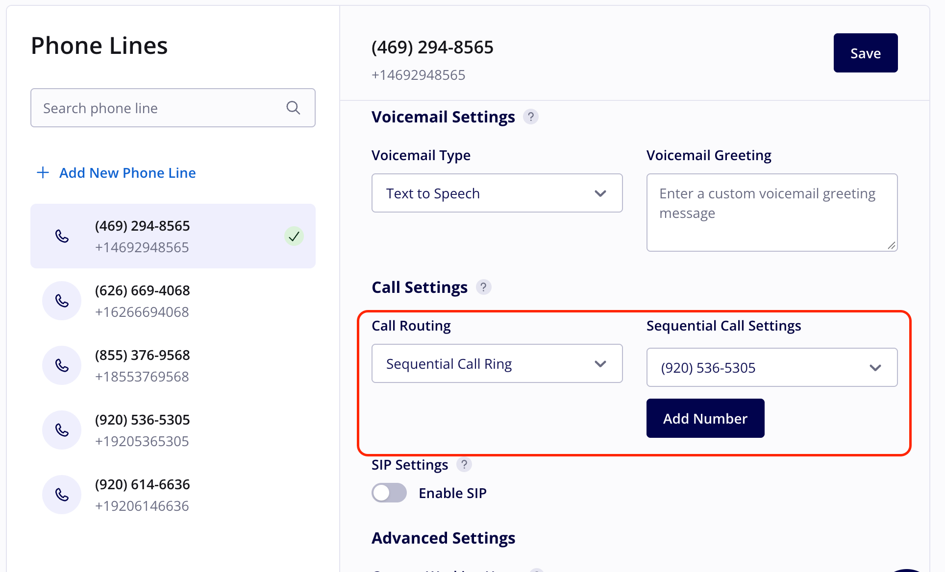 Phone line settings with the Call Routing dropdown set to Sequential Call Ring, the Sequential Call Settings dropdown, and the Add Number button
