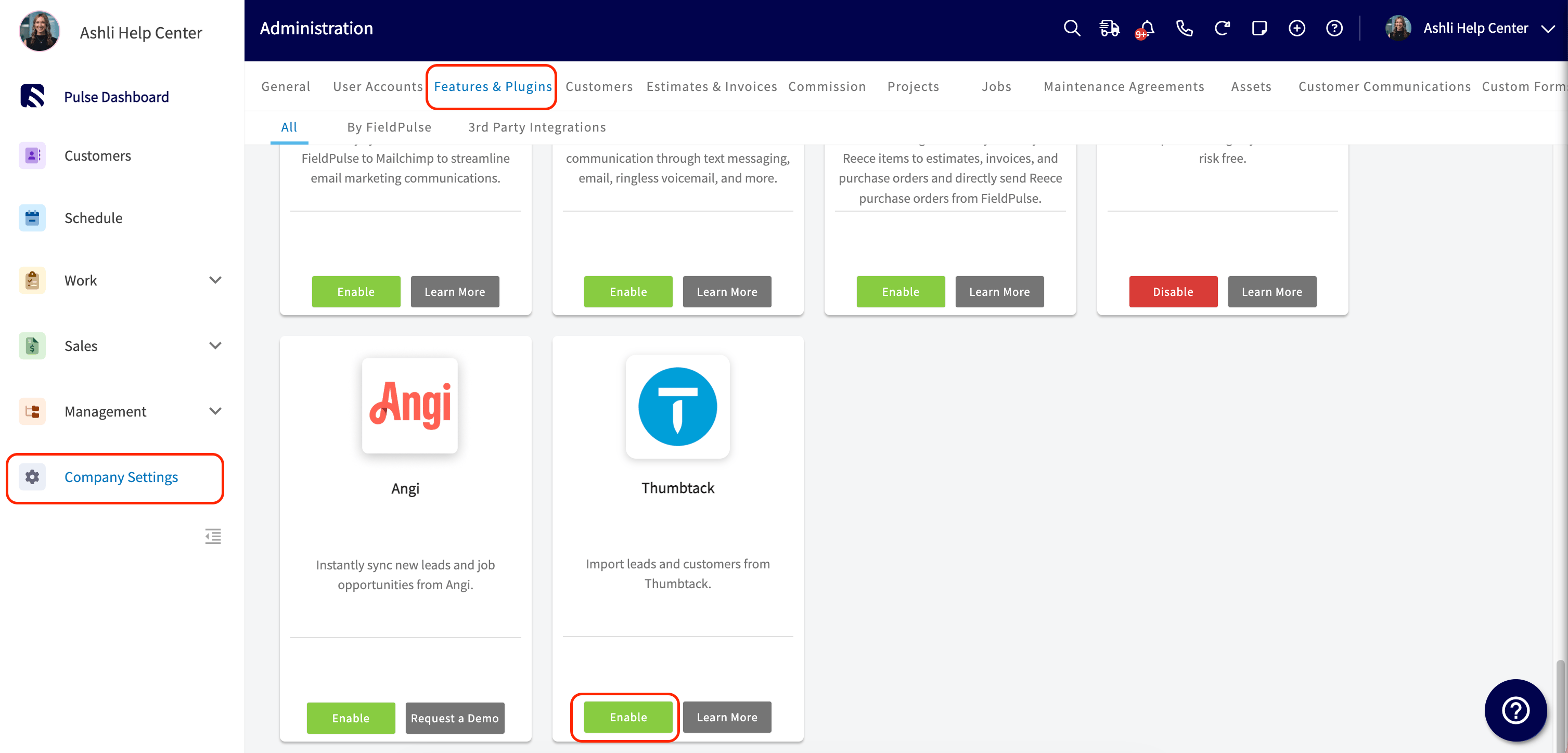 Thumbtack tile under Features & Plugins in FieldPulse Company Settings with the Enable button highlighted
