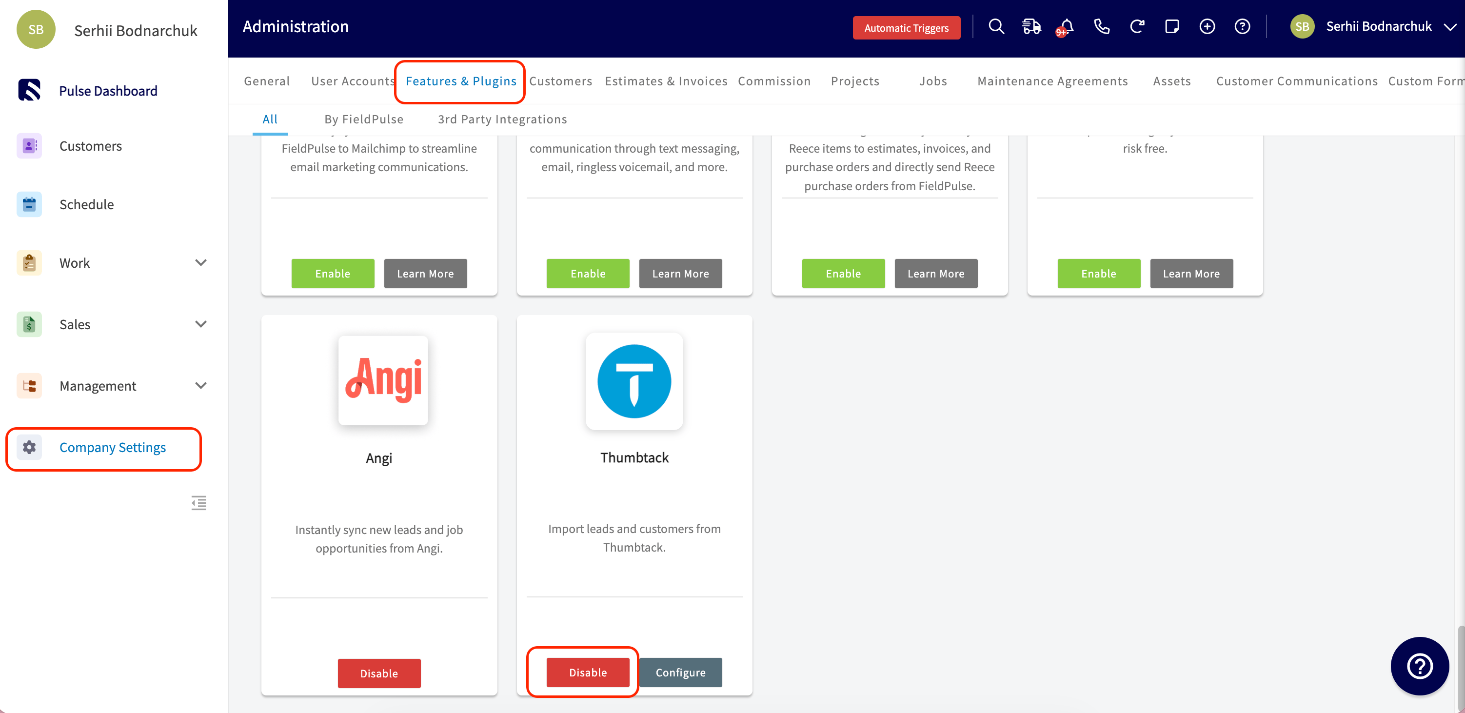 Thumbtack tile under Features & Plugins showing the Disable and Configure buttons after the integration is enabled