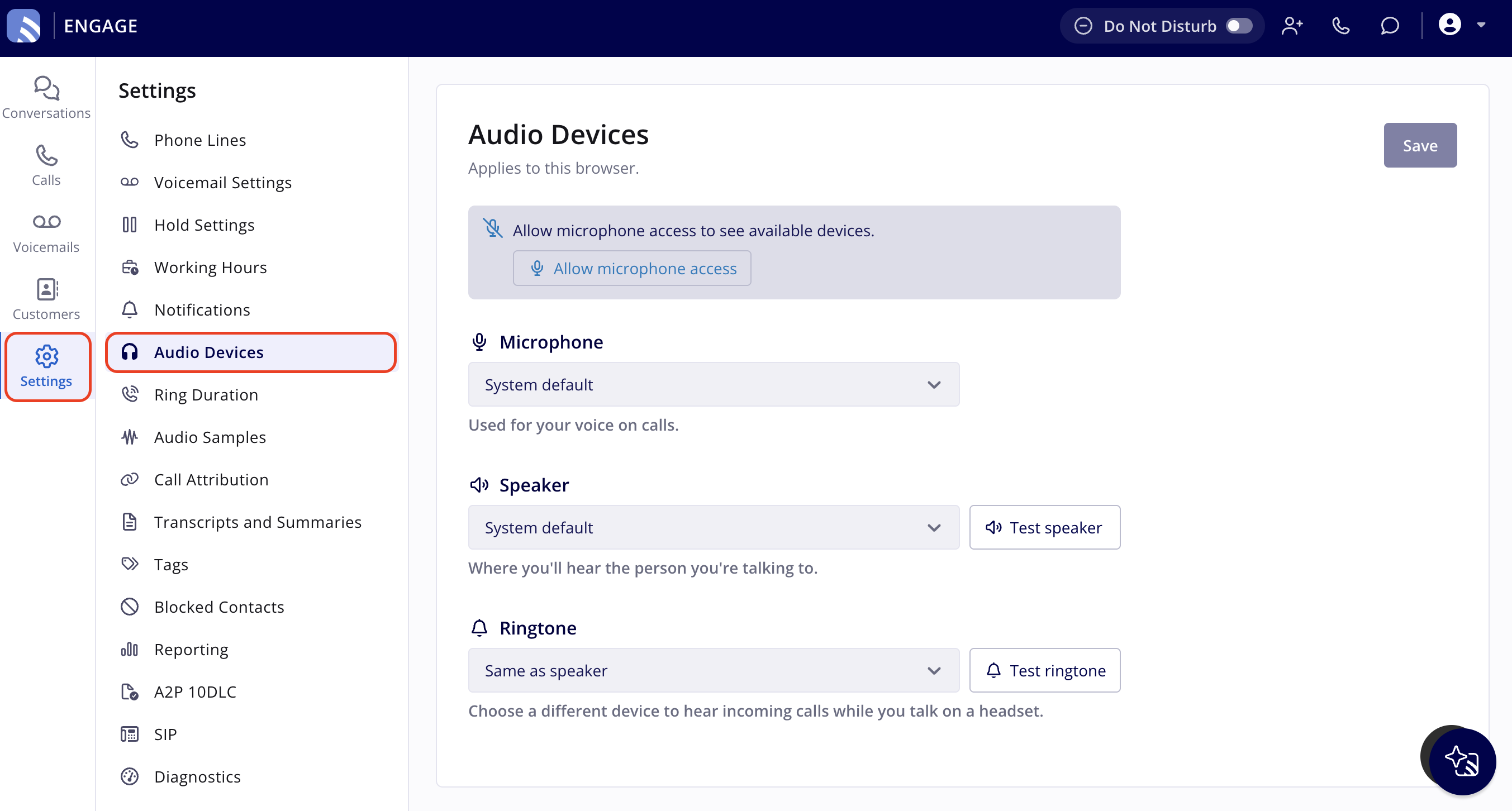 Engage Audio Devices settings page with Settings highlighted in the left navigation bar and Audio Devices highlighted in the Settings menu, showing the Allow microphone access banner, the Microphone, Speaker, and Ringtone dropdowns with the Test speaker and Test ringtone buttons, and the Save button