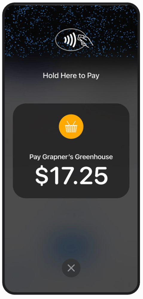 Apple's Tap to Pay on iPhone interface prompting the customer to hold their card near the top of the iPhone