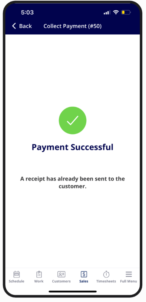 Payment Successful confirmation screen in the FieldPulse mobile app