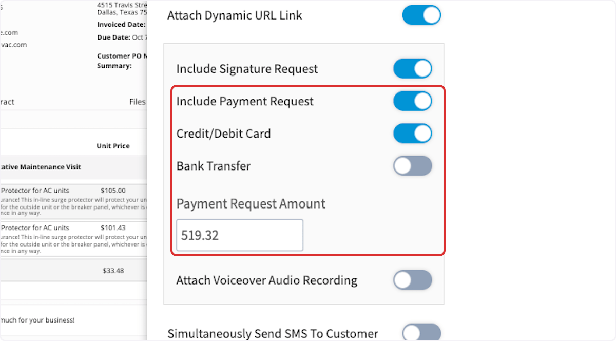 Click on Include Payment Request