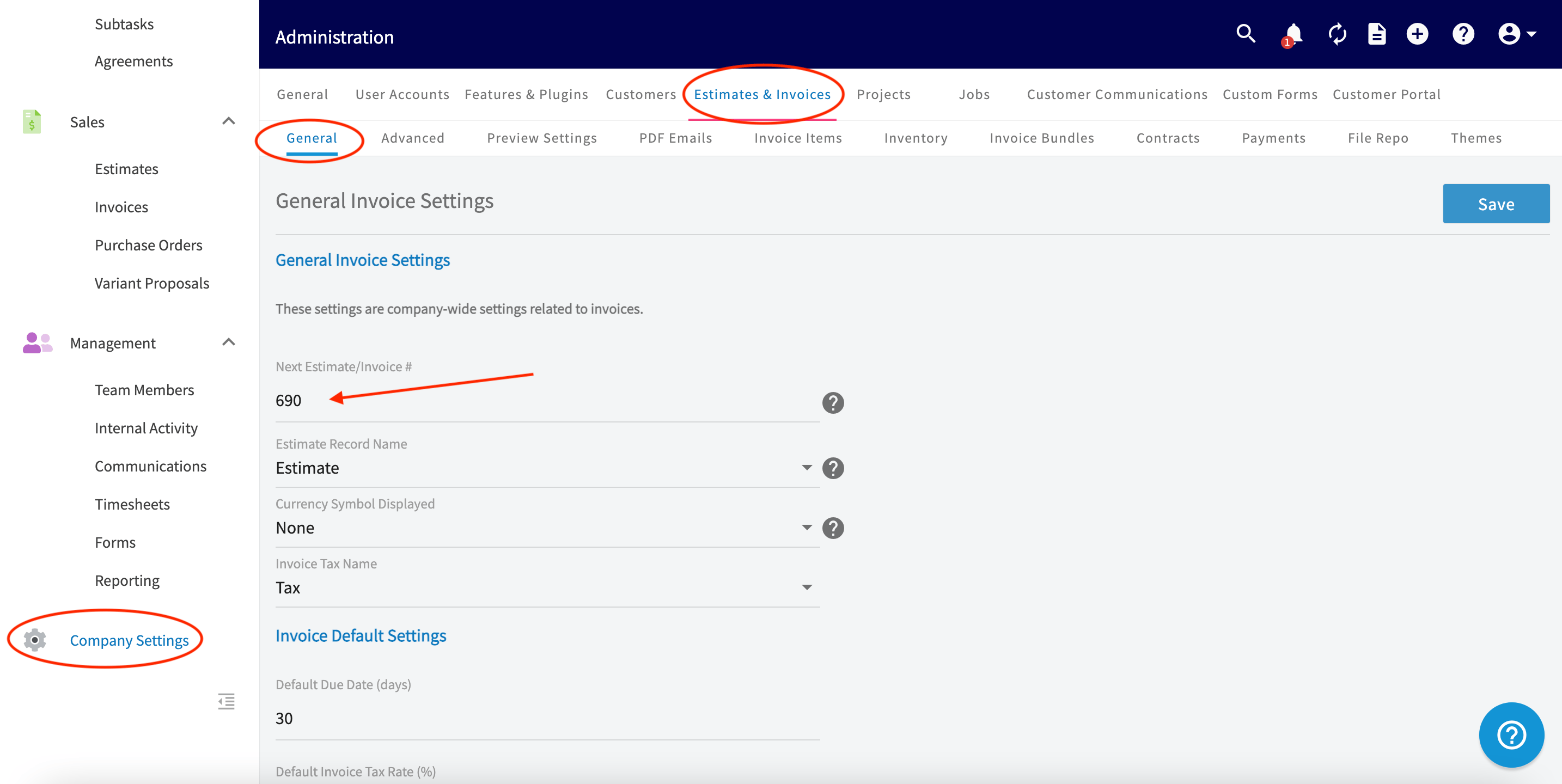 Estimates and Invoices General settings with the starting number field