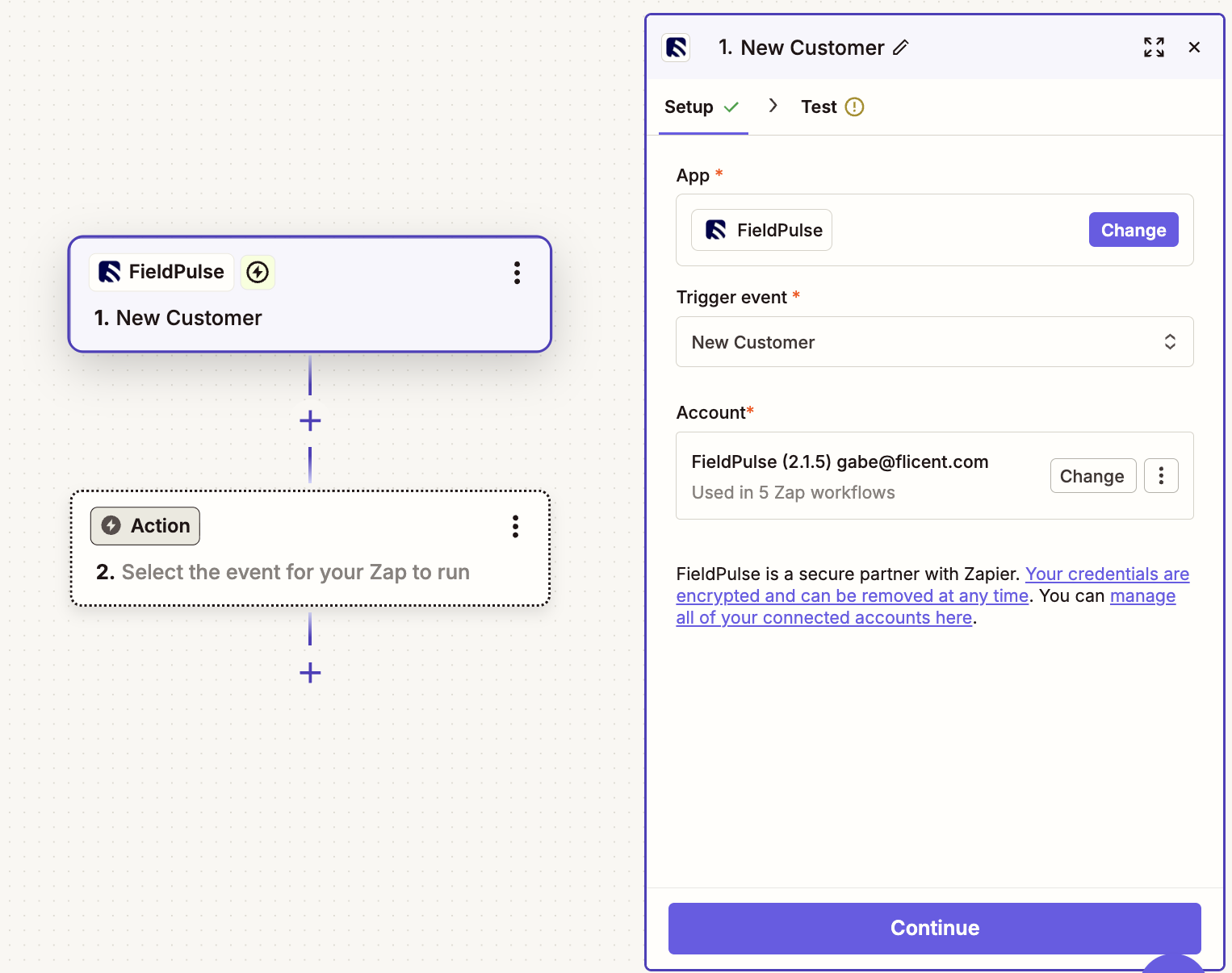 Zapier trigger step with FieldPulse as the app and New Customer as the trigger event