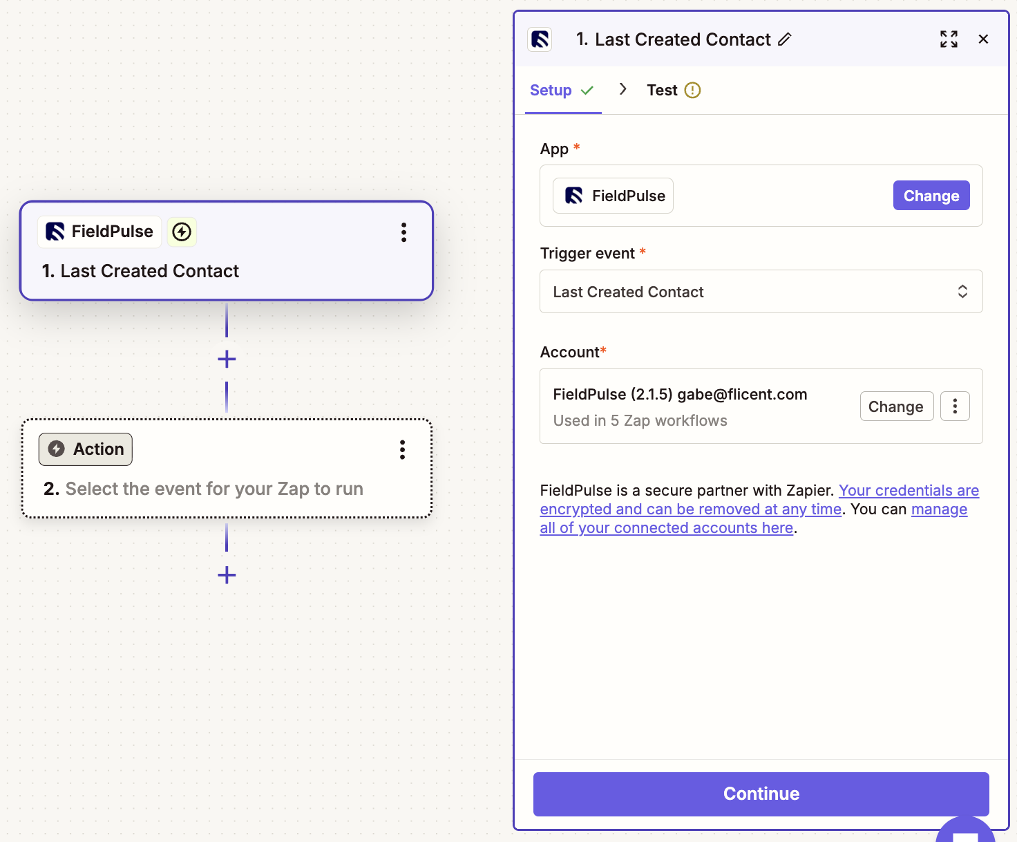 Zapier trigger step with Last Created Contact selected as the FieldPulse trigger event