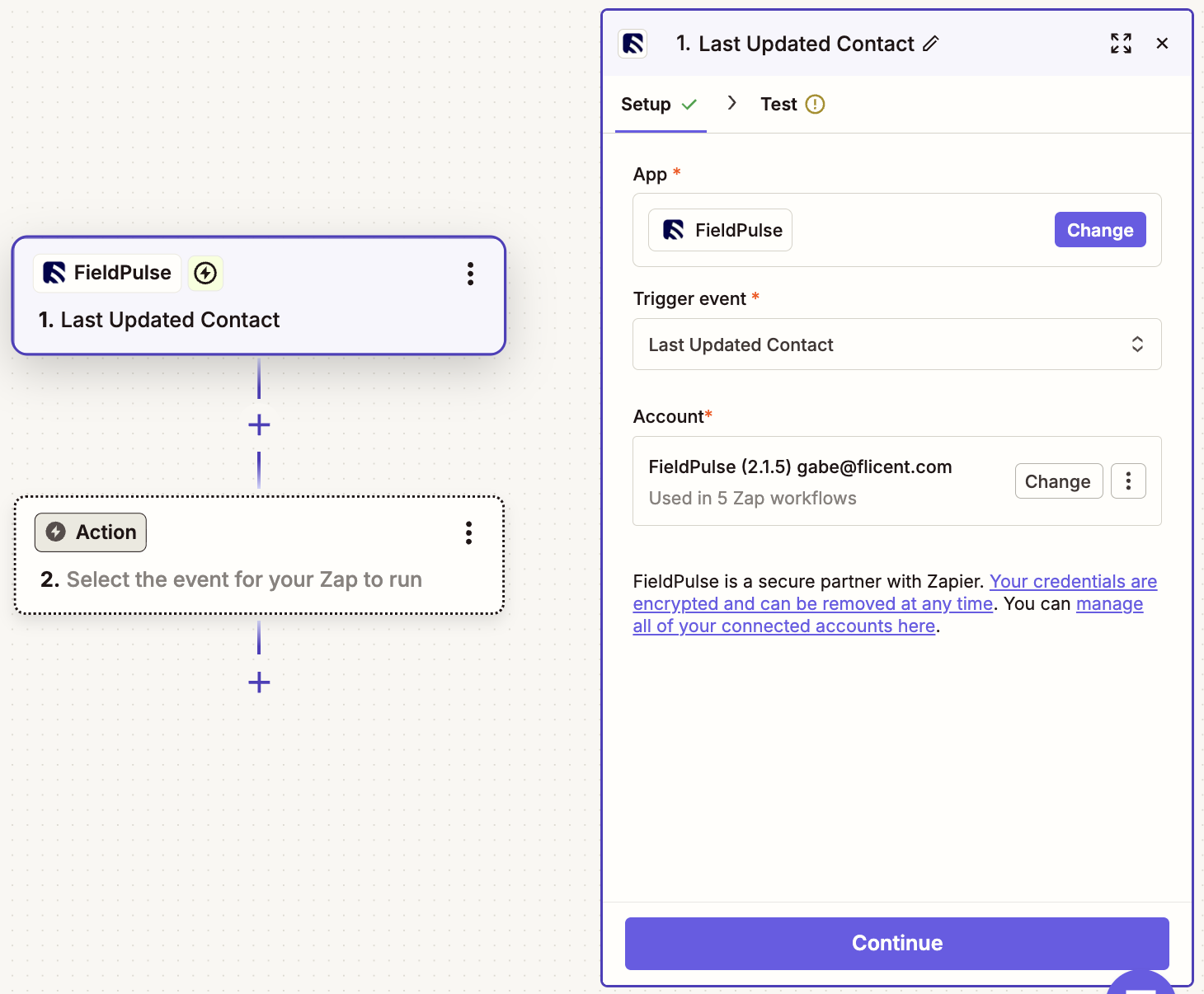 Zapier trigger step with Last Updated Contact selected as the FieldPulse trigger event